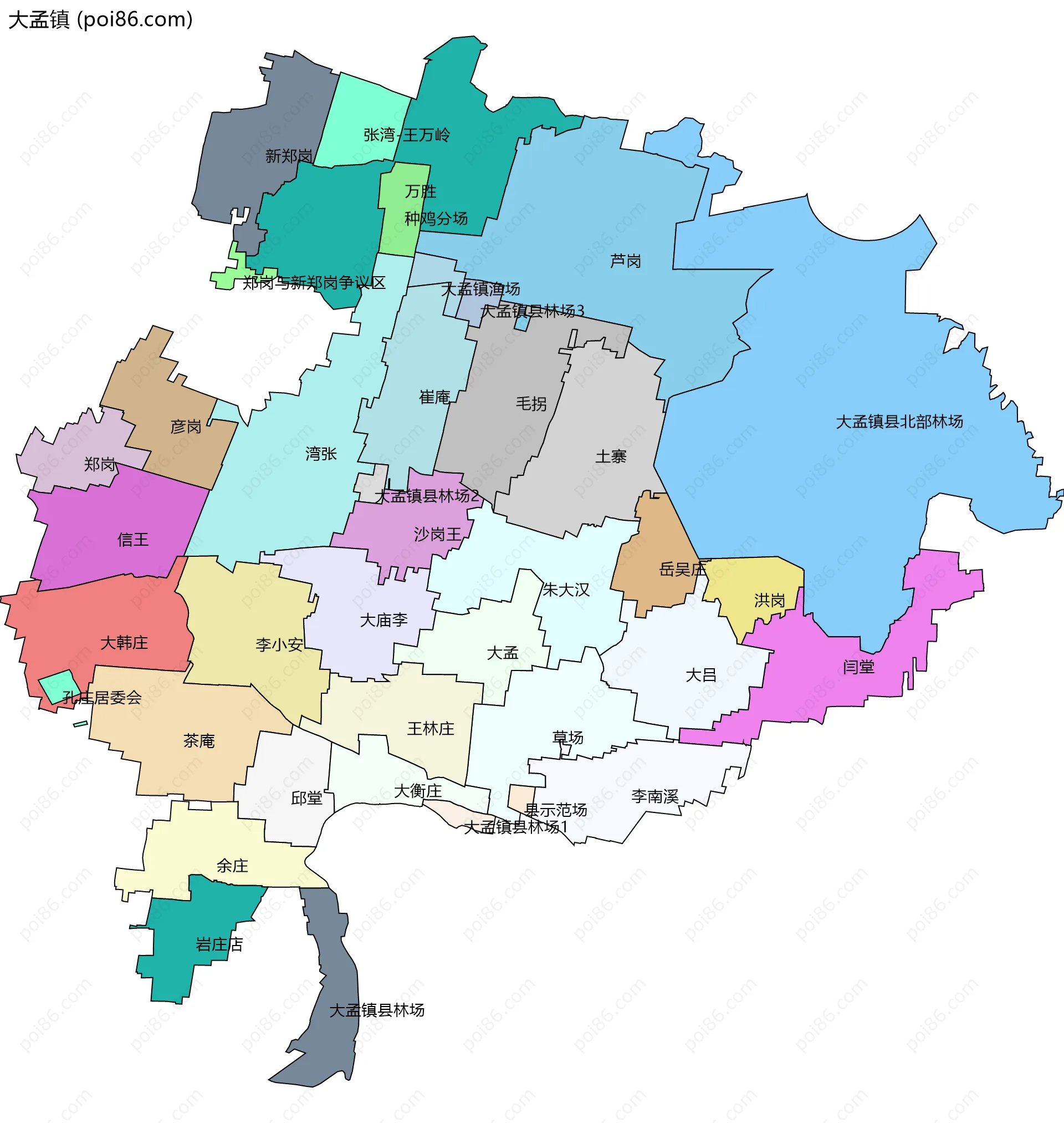 大孟镇边界地图(五级行政区划)