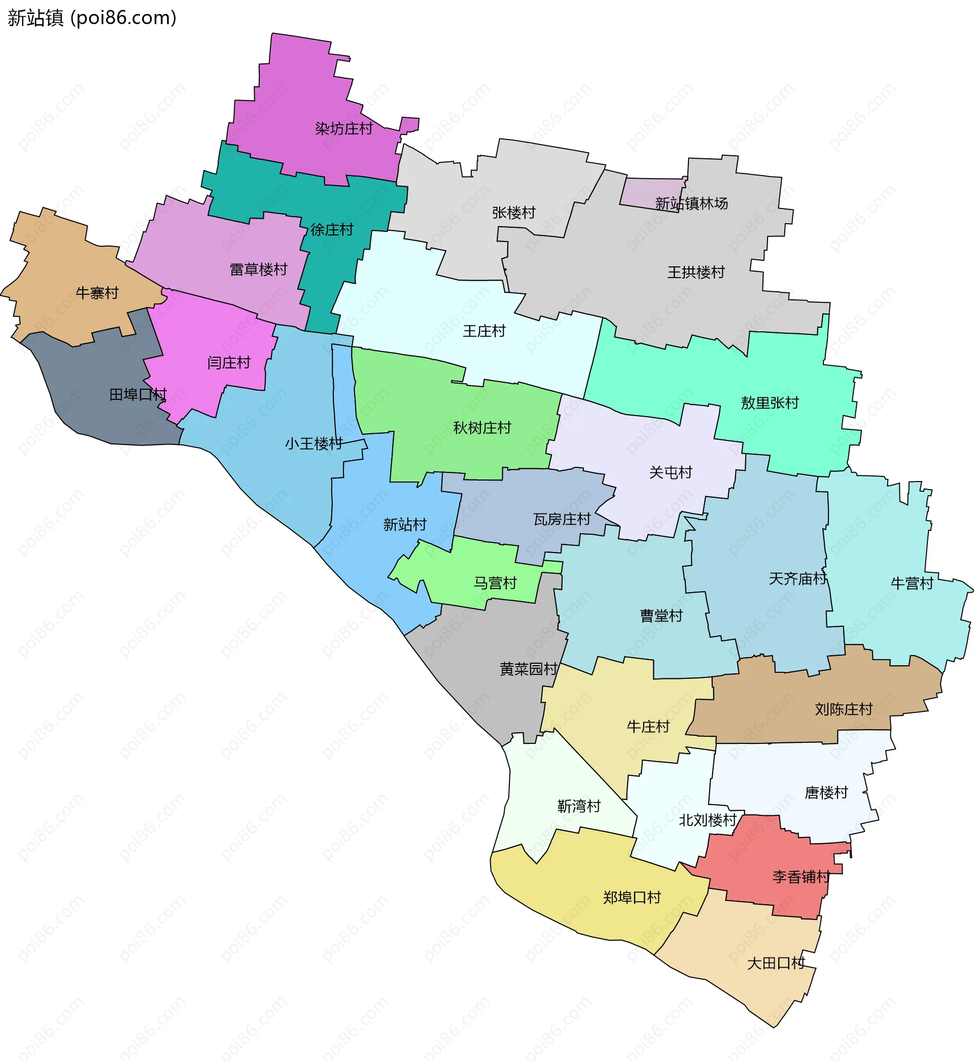 新站镇边界地图(五级行政区划)