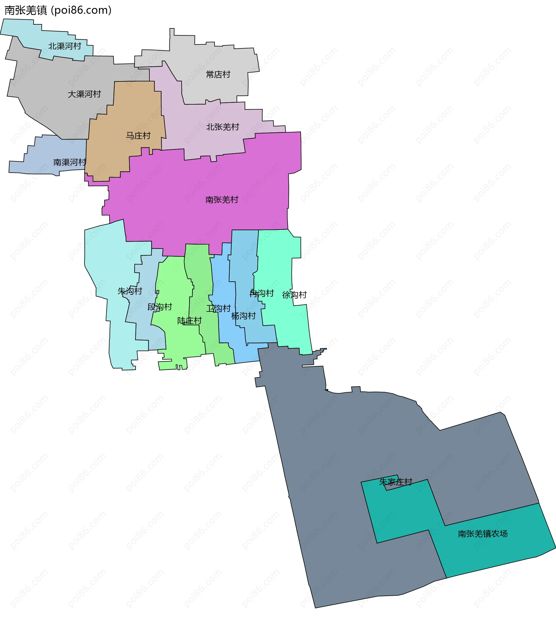 南张羌镇边界地图(五级行政区划)
