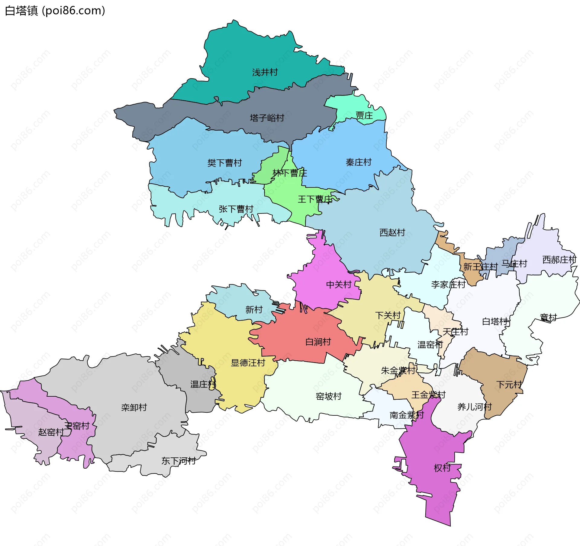 白塔镇边界地图(五级行政区划)
