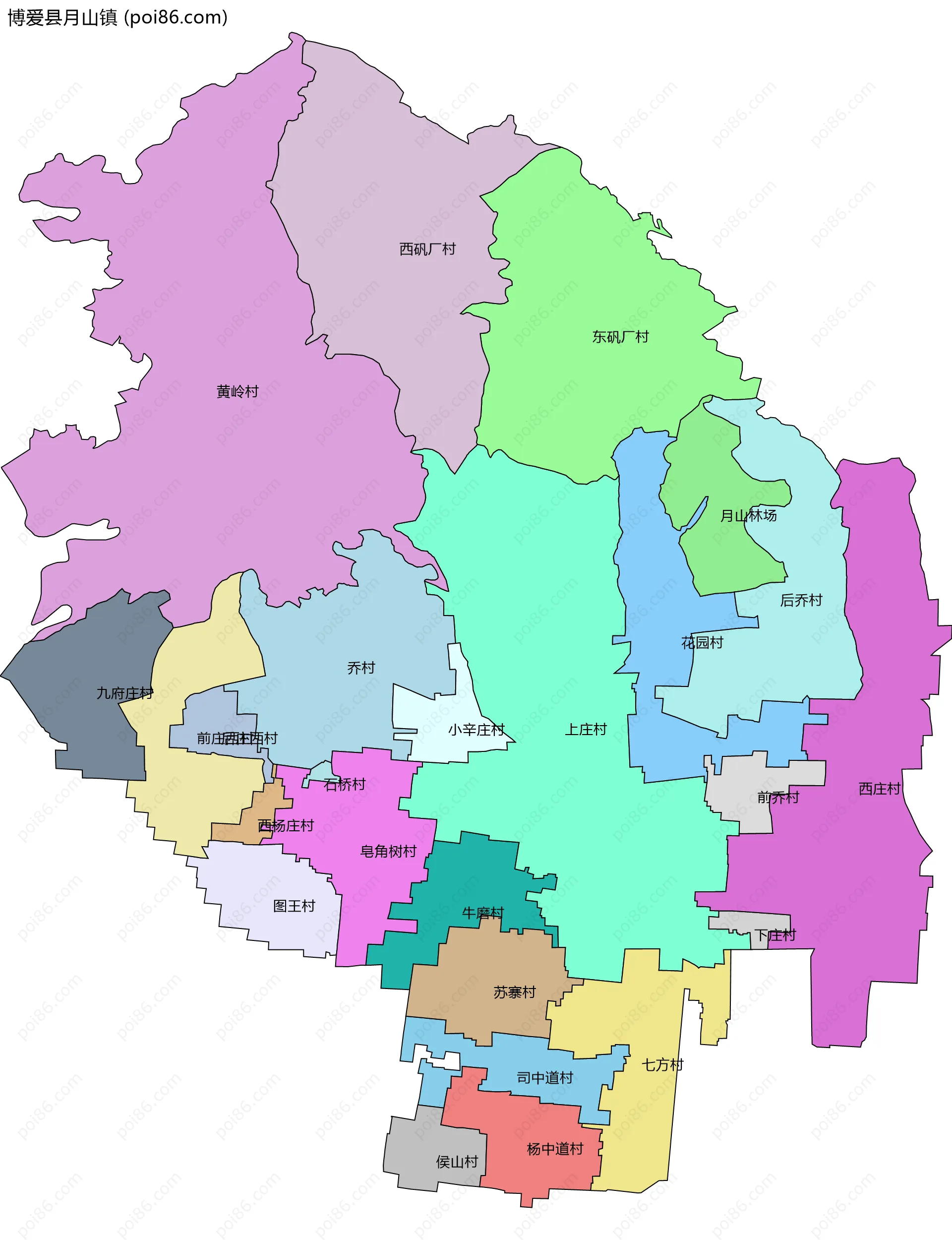 博爱县月山镇边界地图(五级行政区划)