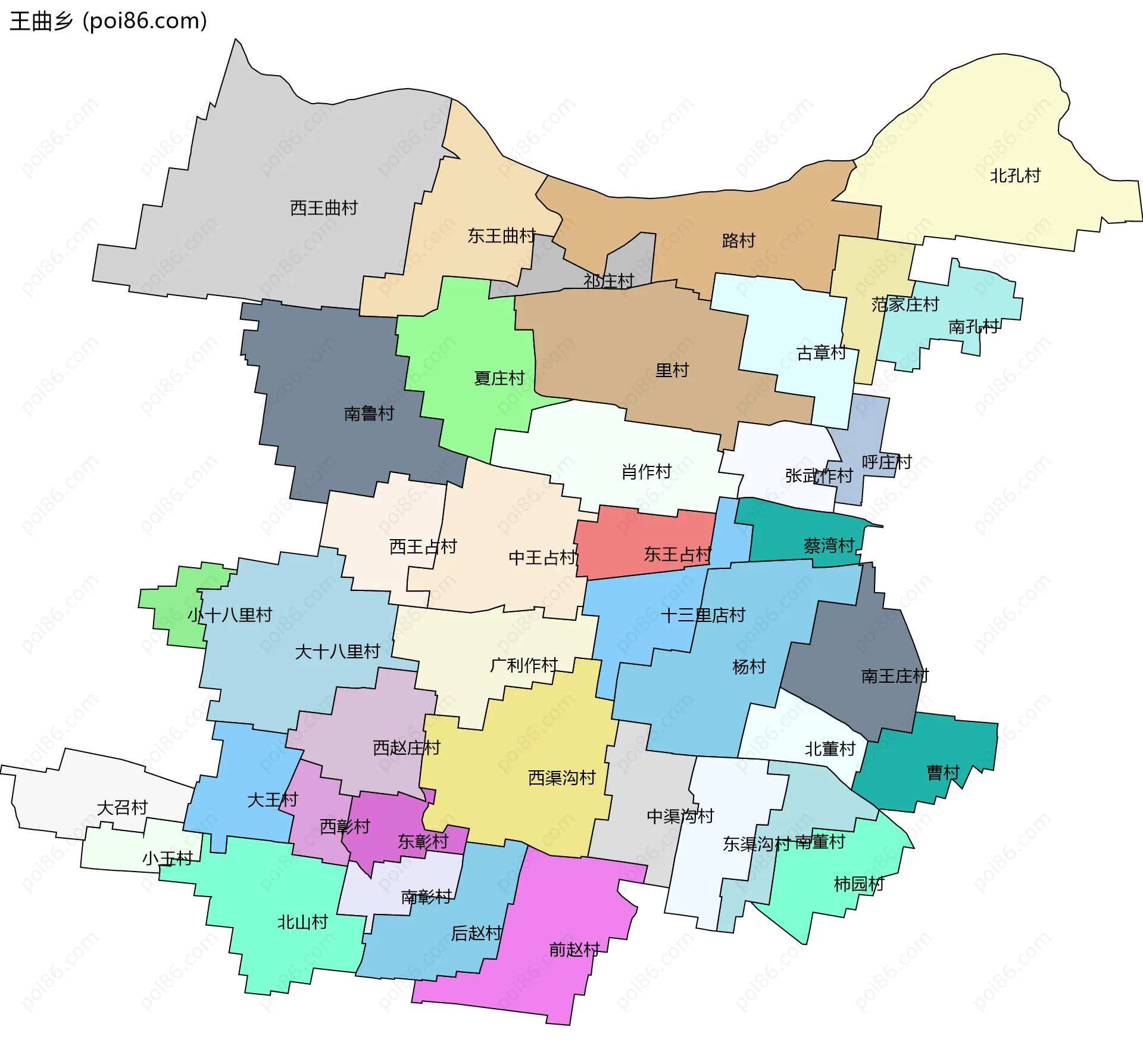 王曲乡边界地图(五级行政区划)