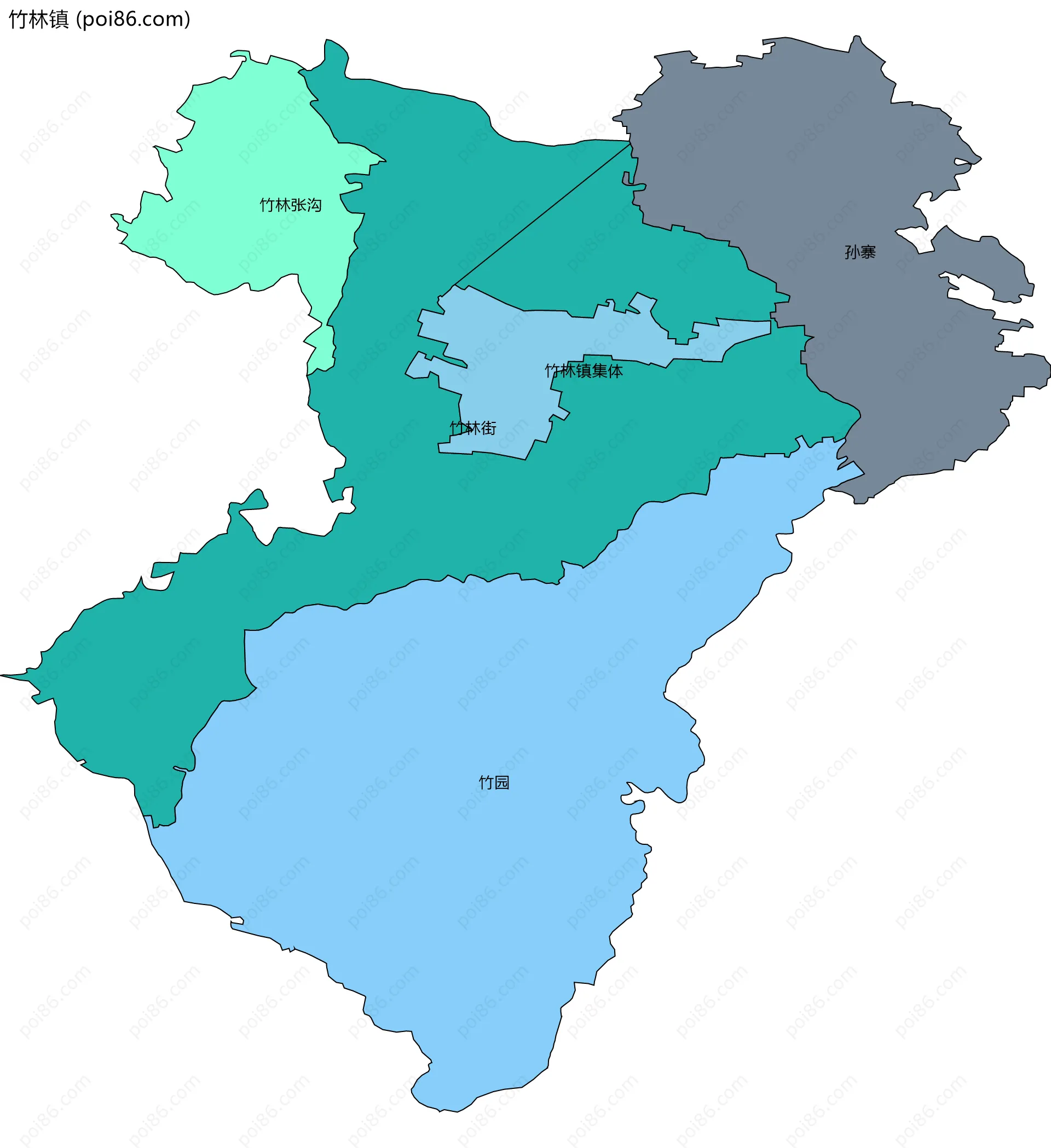 竹林镇边界地图(五级行政区划)