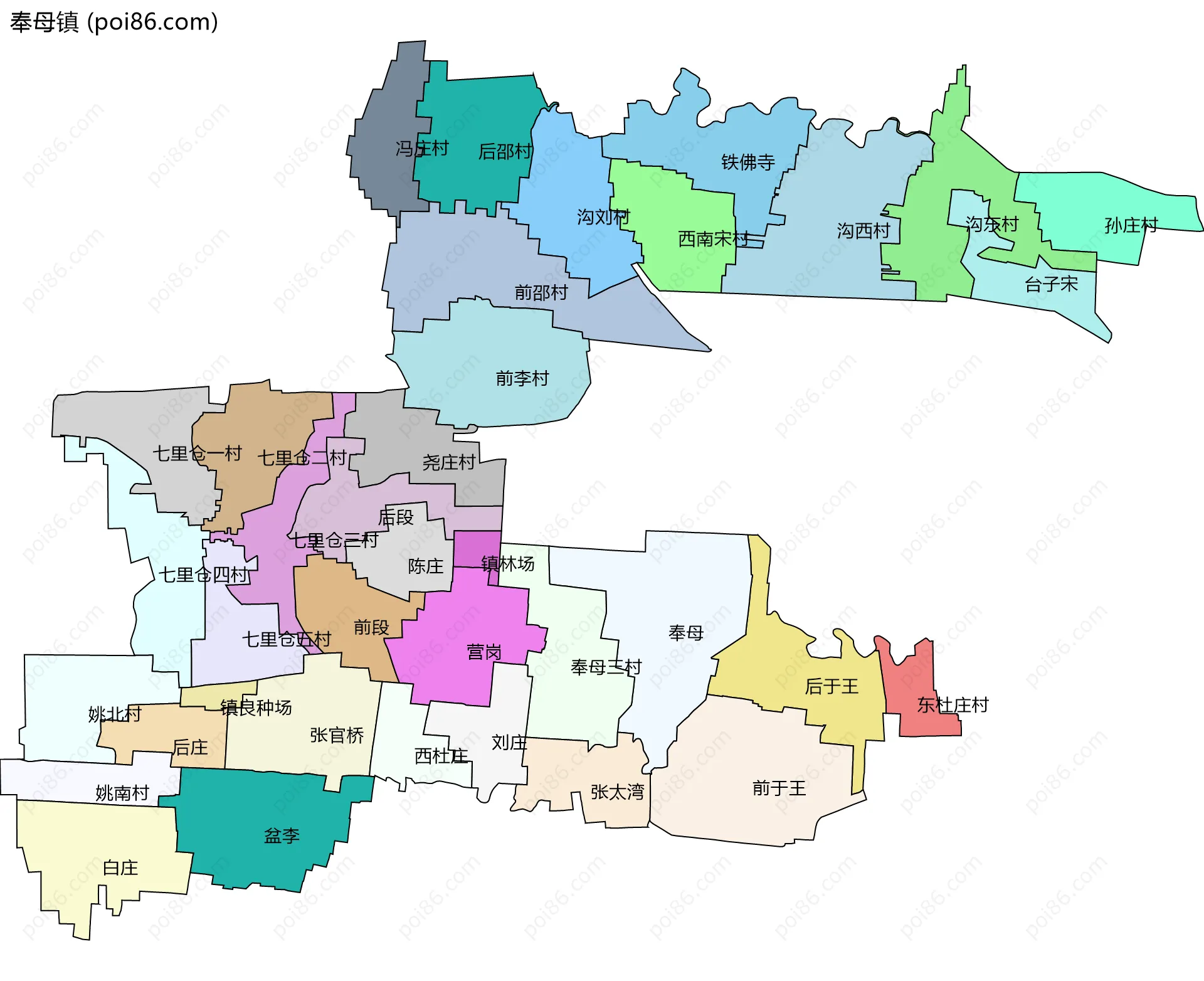 奉母镇边界地图(五级行政区划)