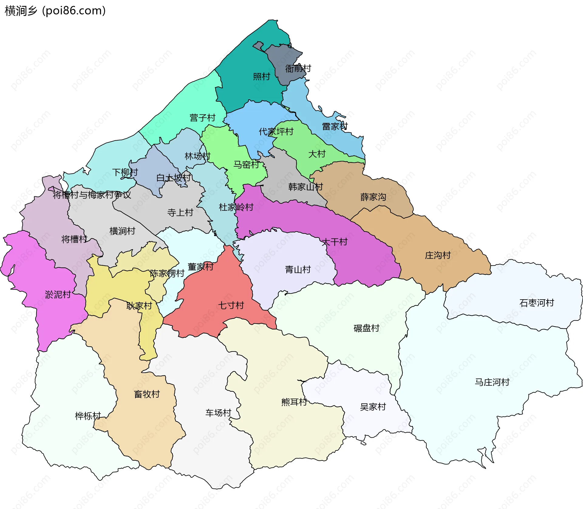 横涧乡边界地图(五级行政区划)