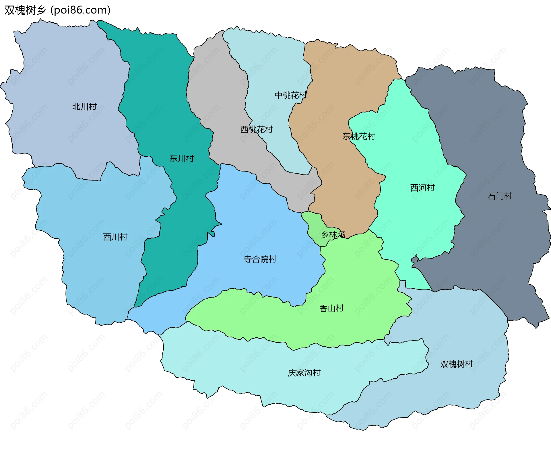 双槐树乡边界地图(五级行政区划)
