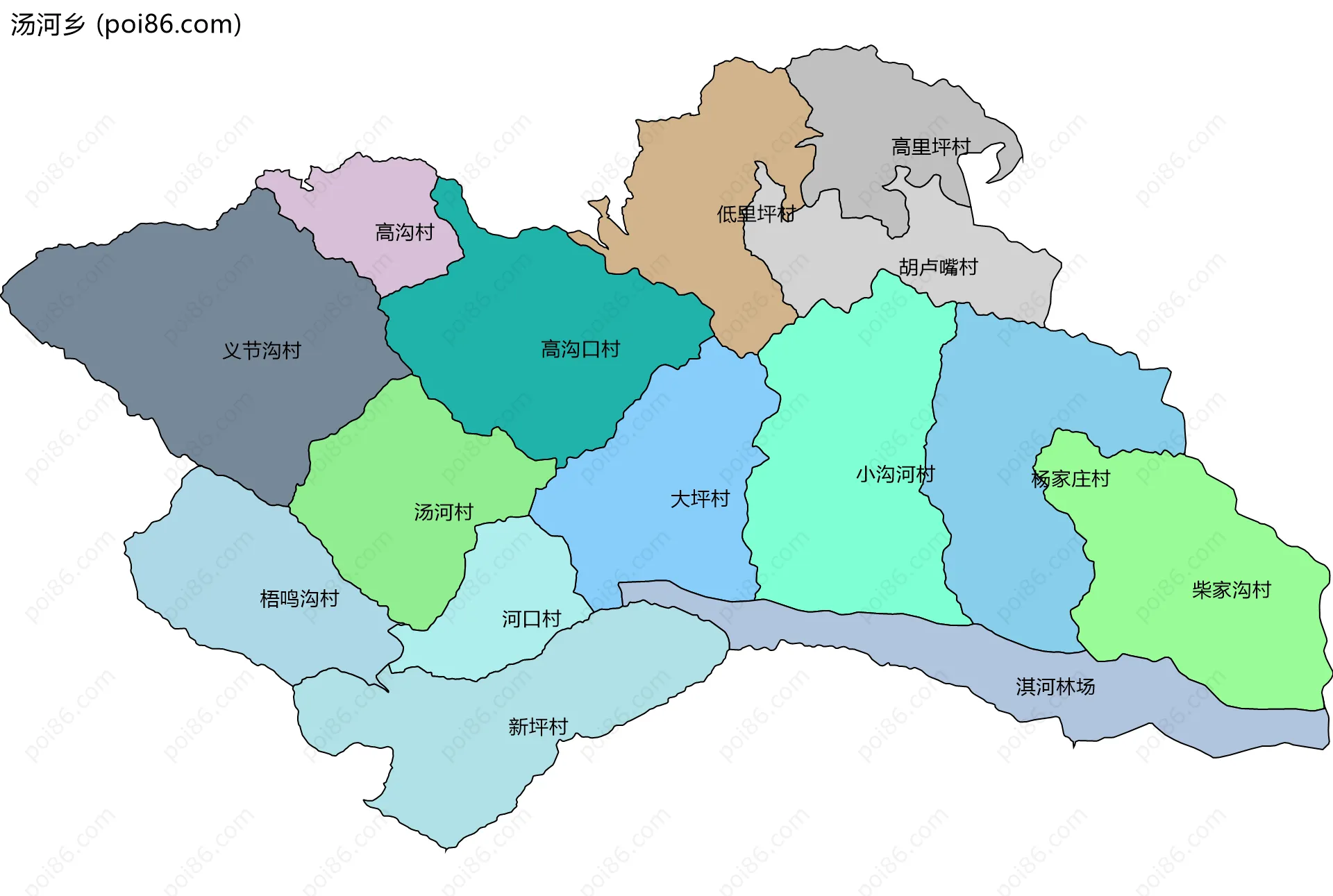 汤河乡边界地图(五级行政区划)