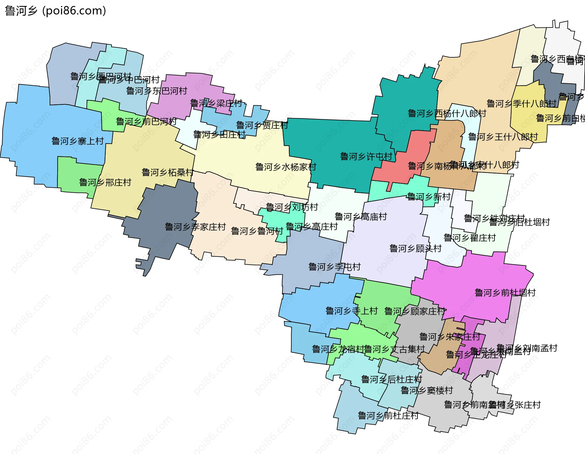 鲁河乡边界地图(五级行政区划)