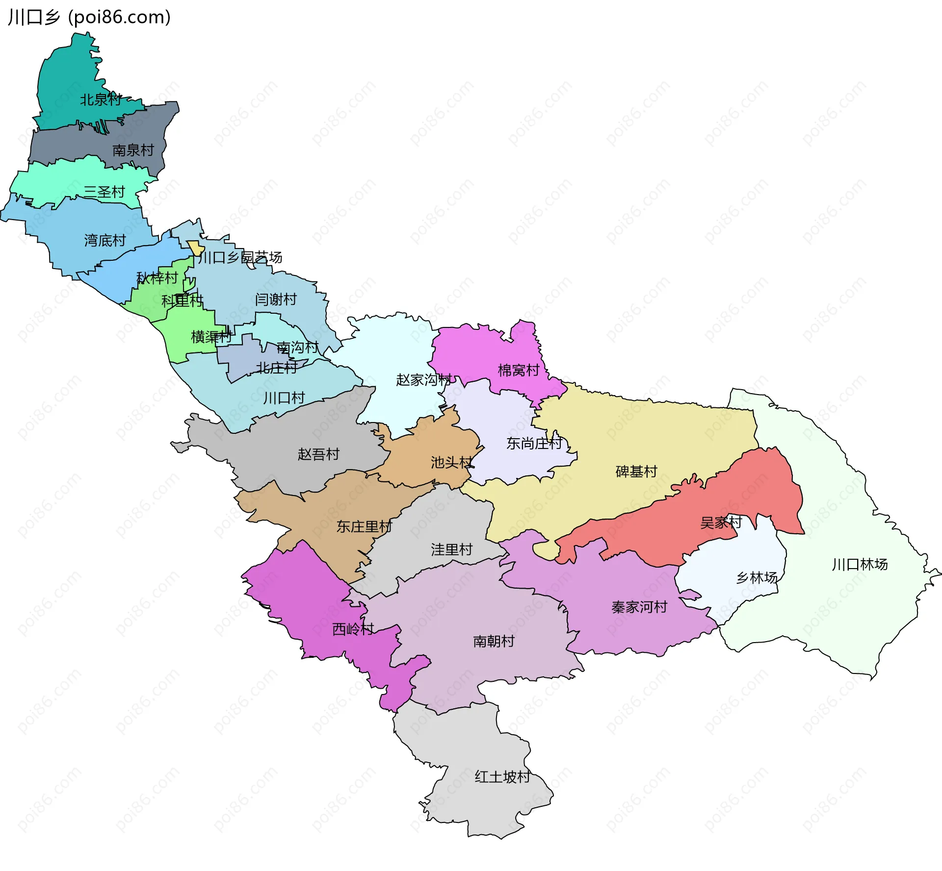 川口乡边界地图(五级行政区划)