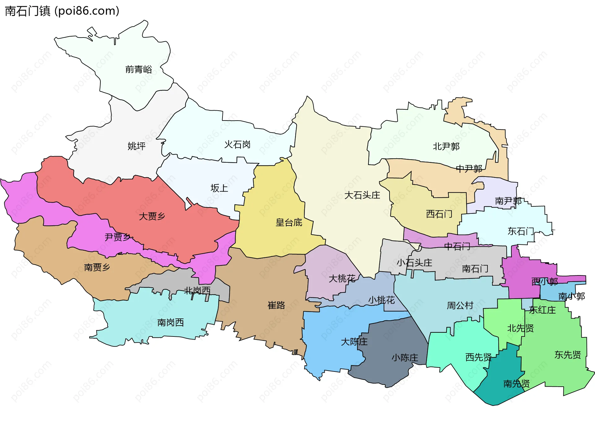 南石门镇边界地图(五级行政区划)