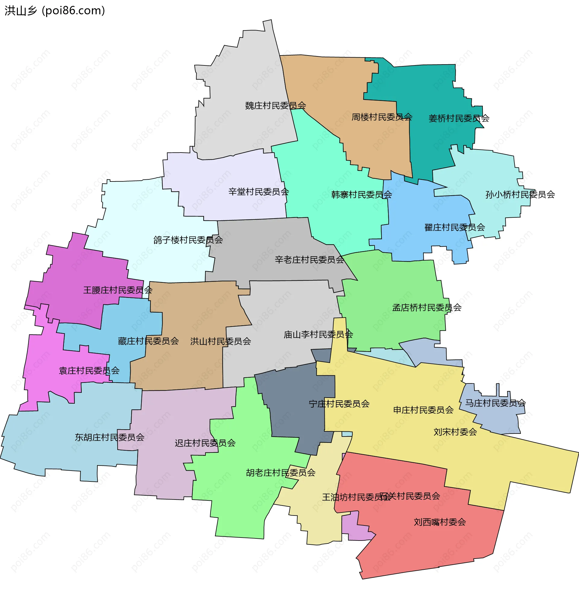 洪山乡边界地图(五级行政区划)