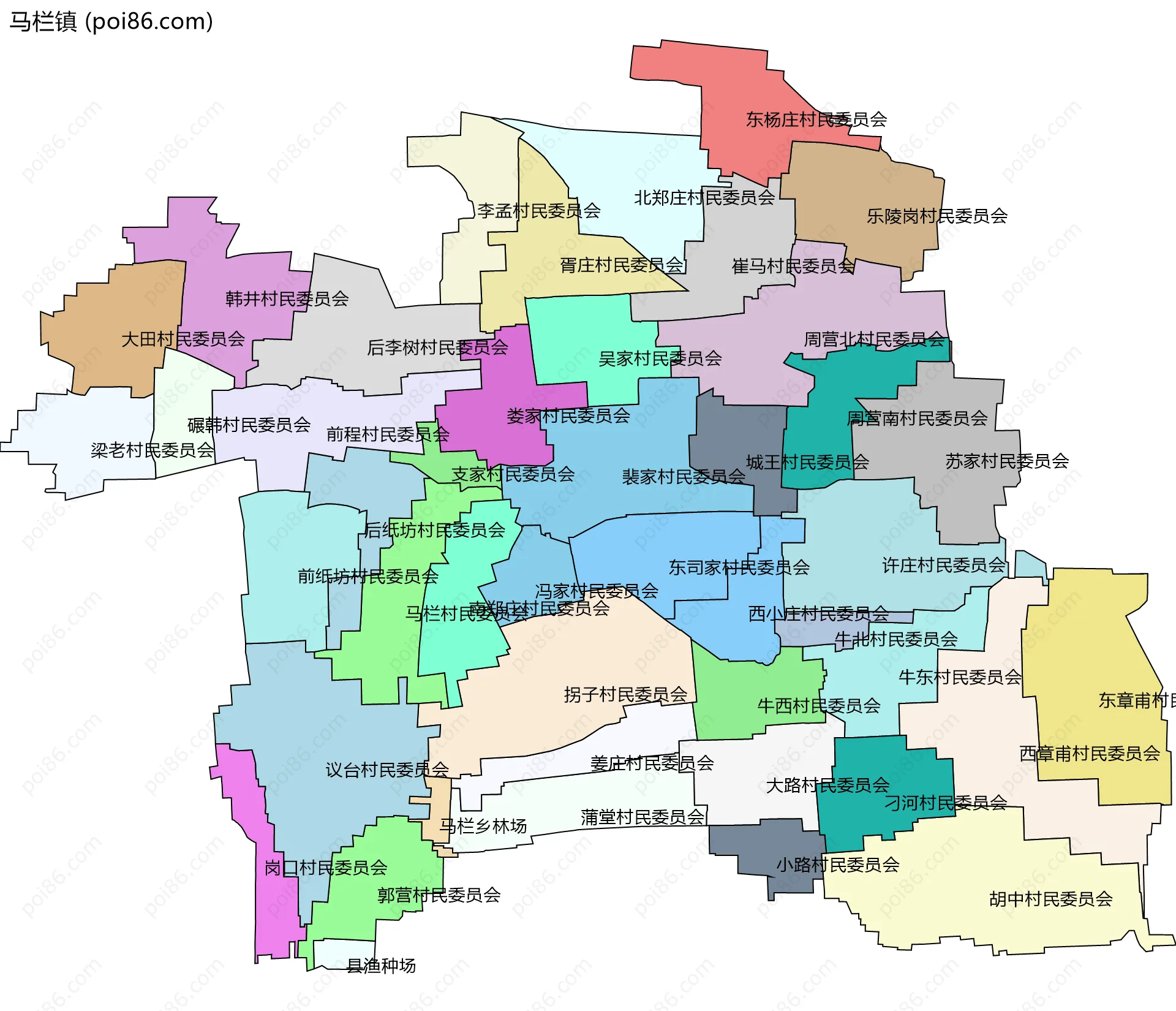 马栏镇边界地图(五级行政区划)