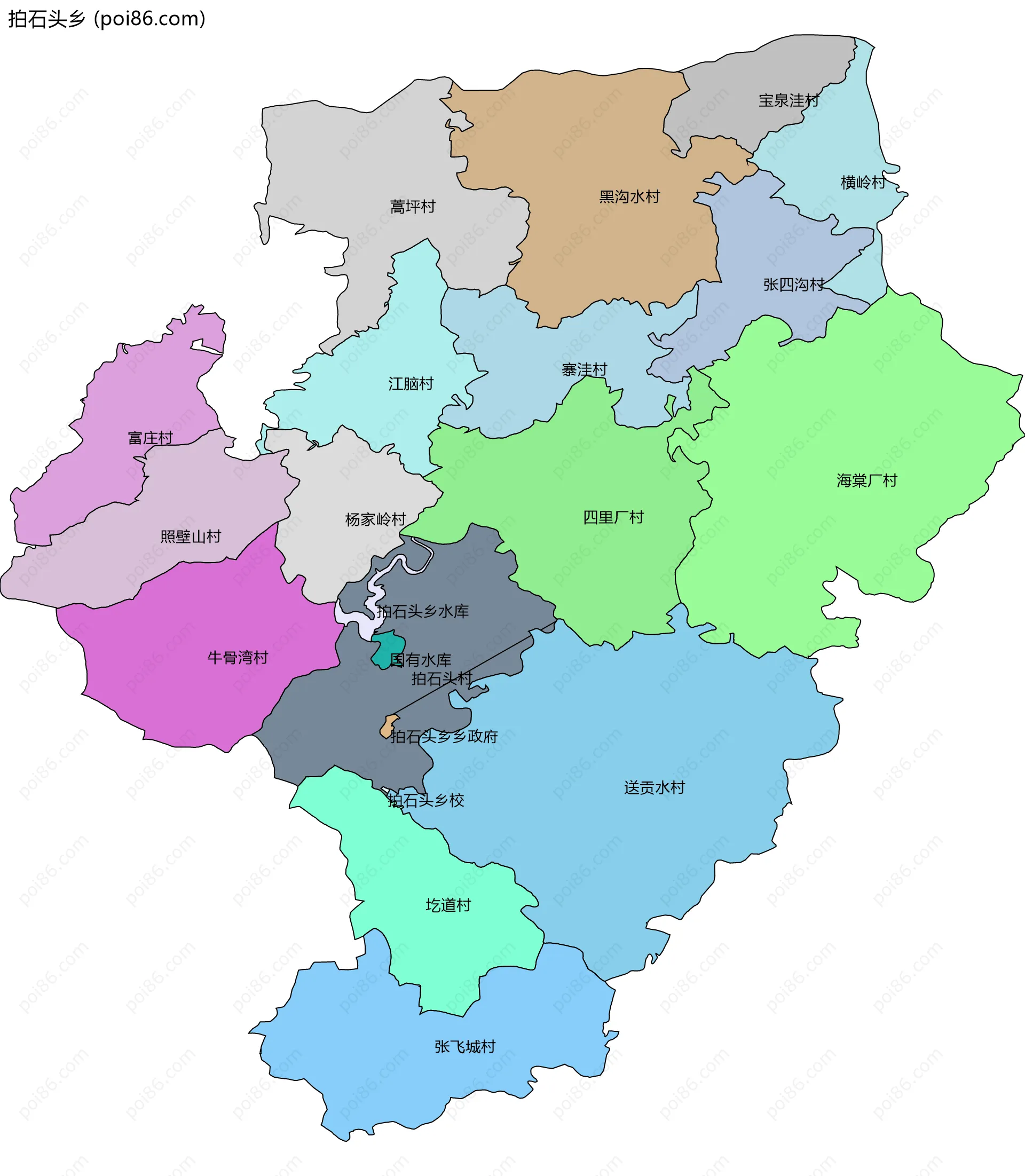 拍石头乡边界地图(五级行政区划)