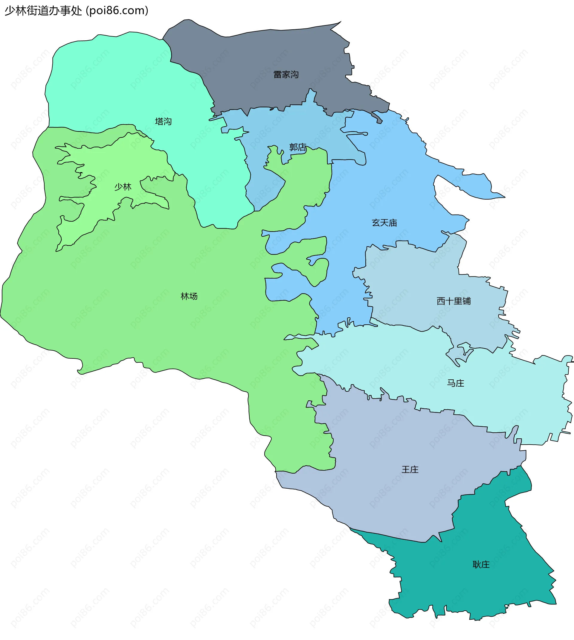 少林街道办事处边界地图(五级行政区划)