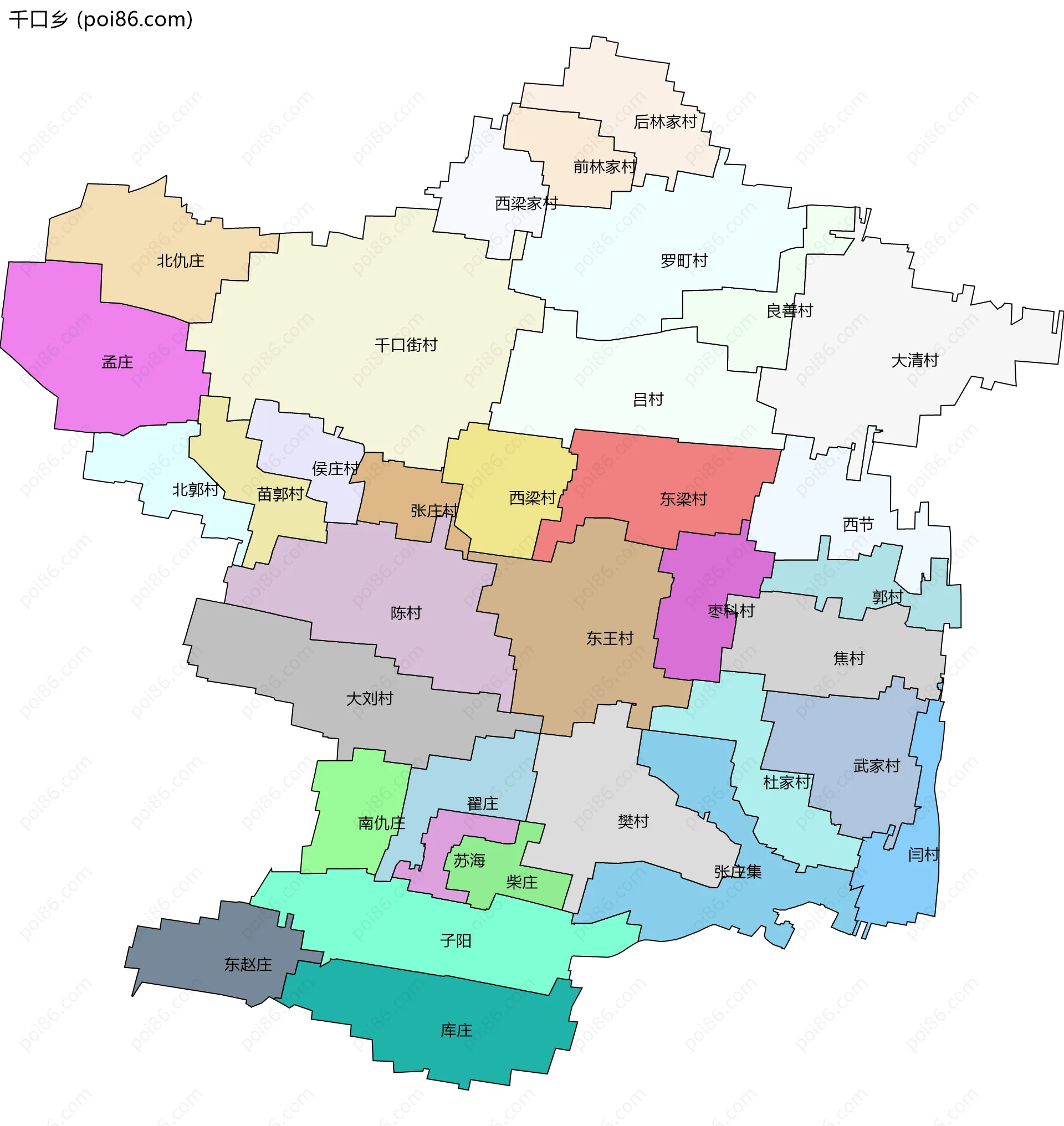 千口乡边界地图(五级行政区划)