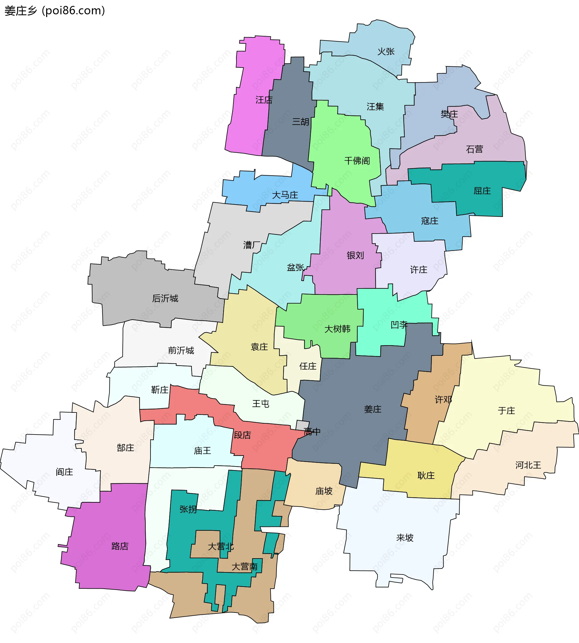 姜庄乡边界地图(五级行政区划)