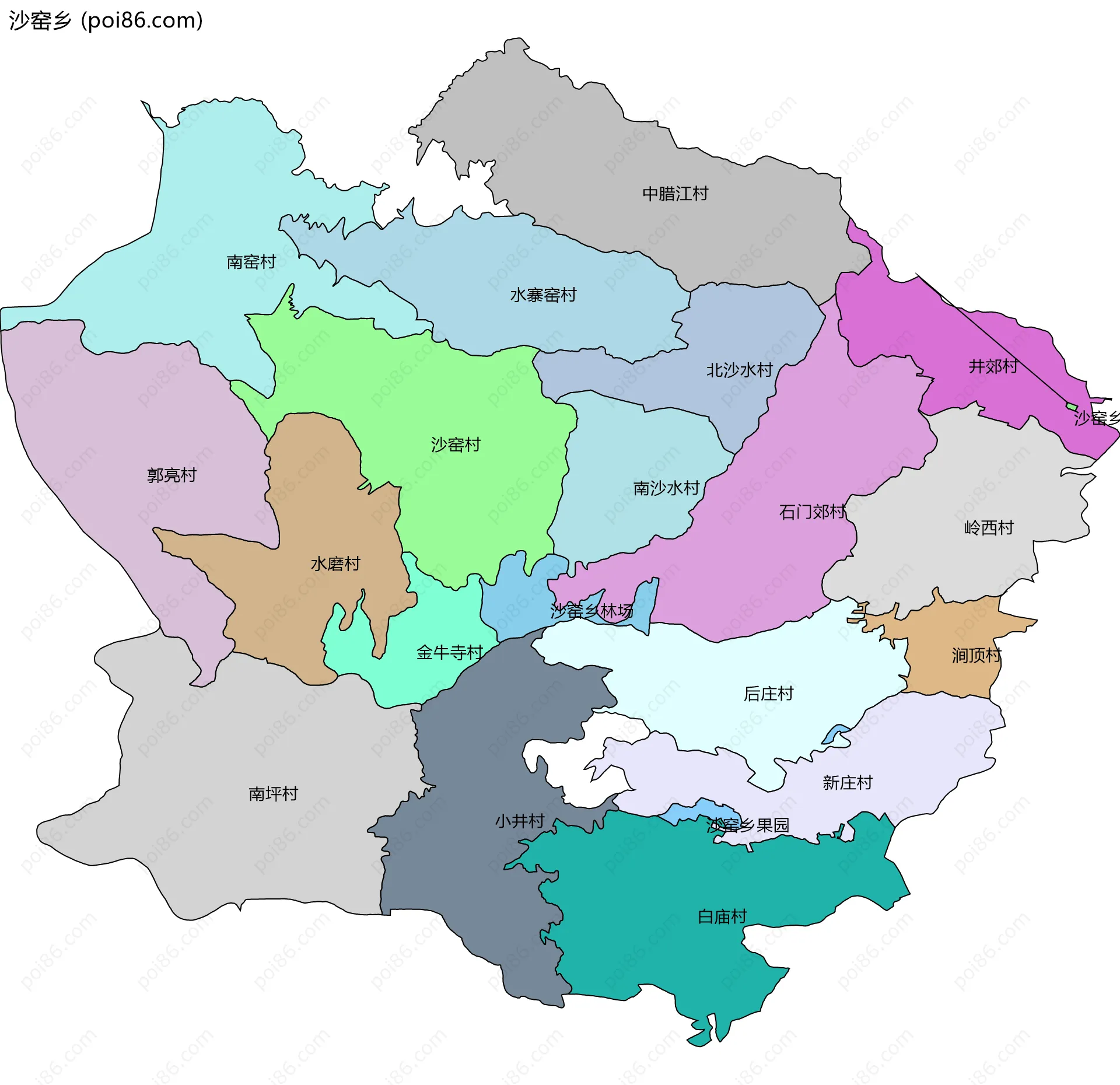 沙窑乡边界地图(五级行政区划)