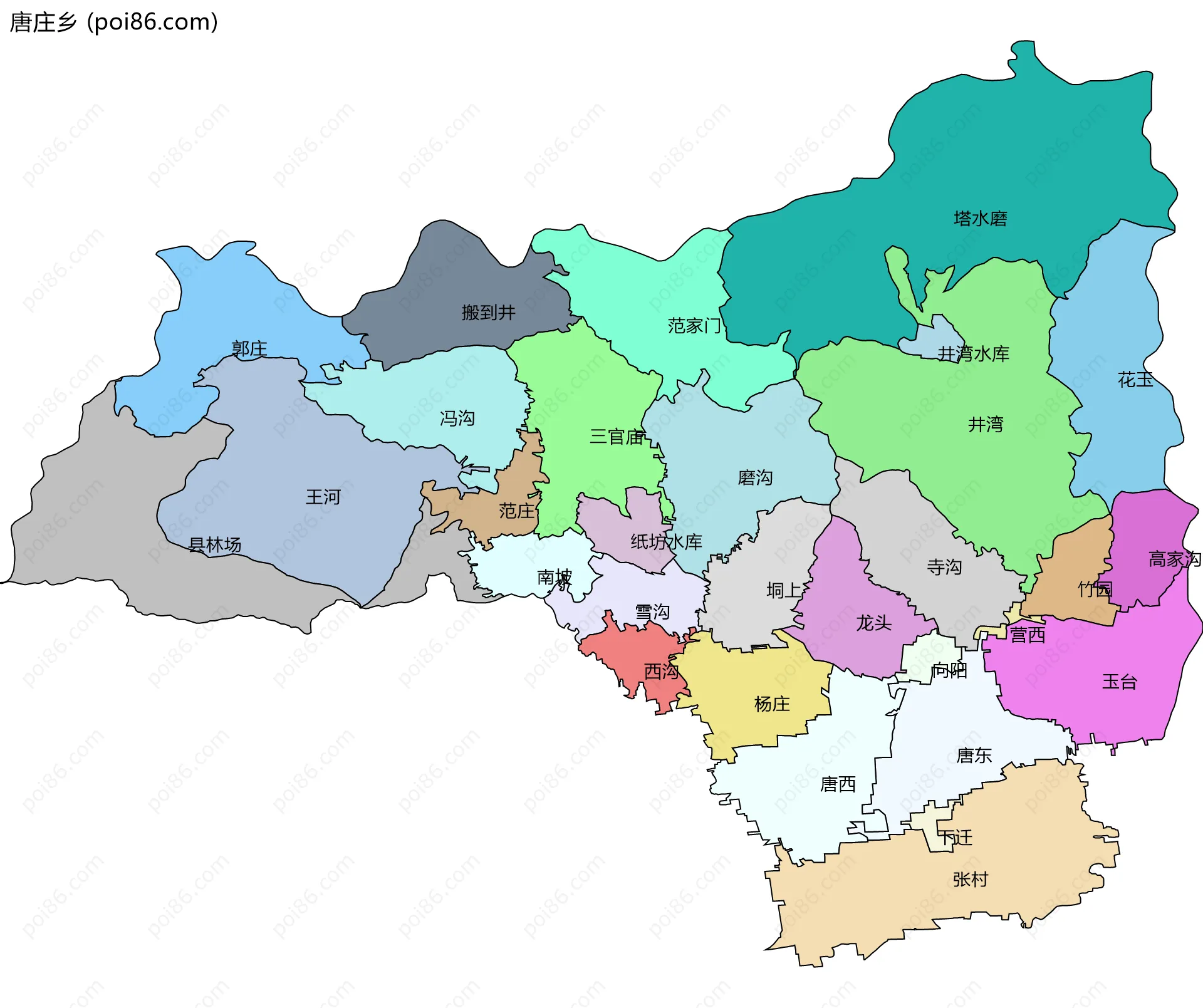 唐庄乡边界地图(五级行政区划)