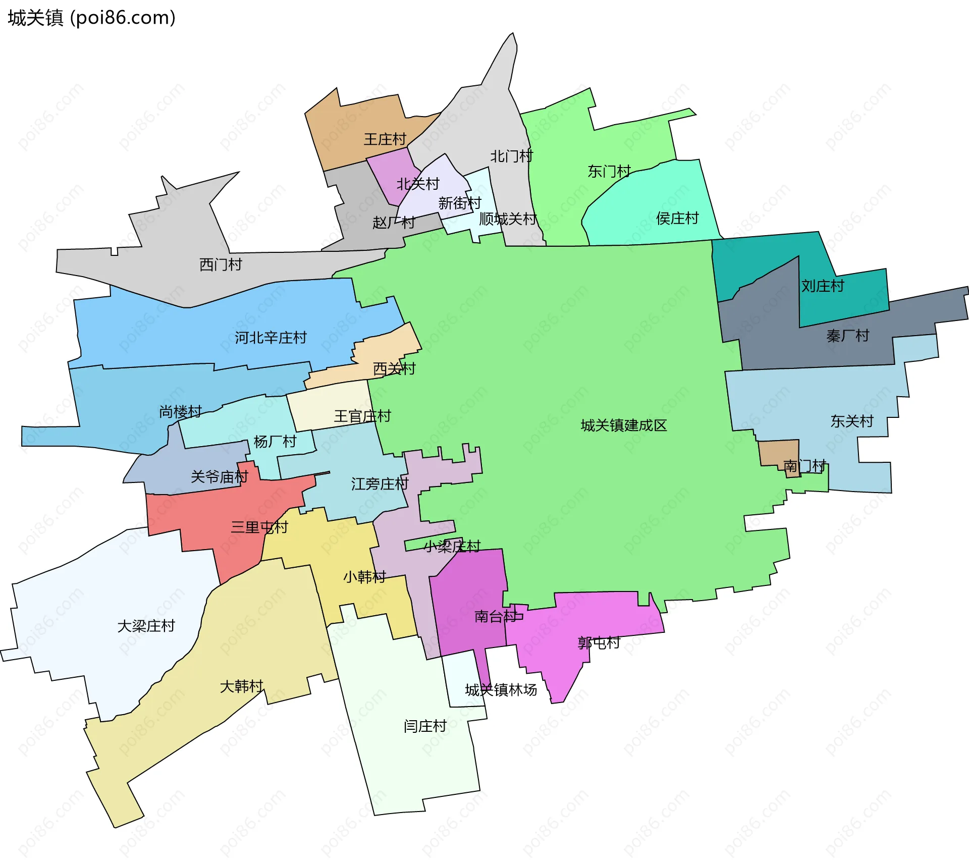城关镇边界地图(五级行政区划)
