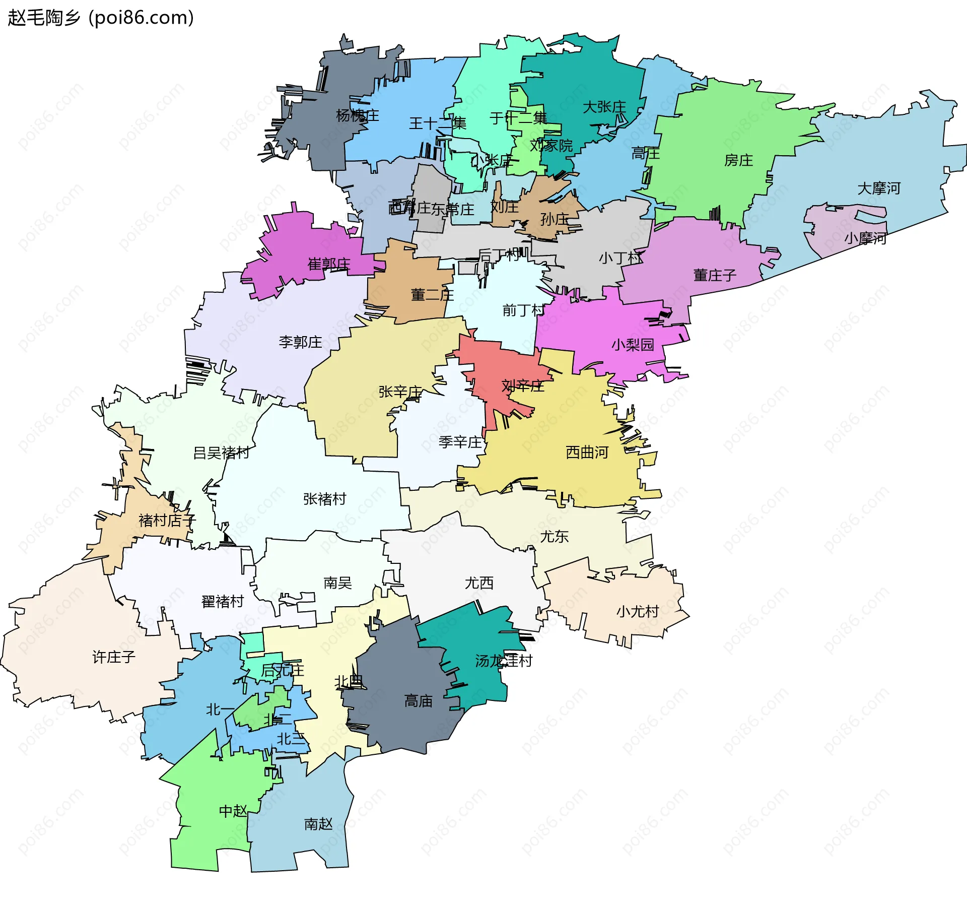 赵毛陶乡边界地图(五级行政区划)