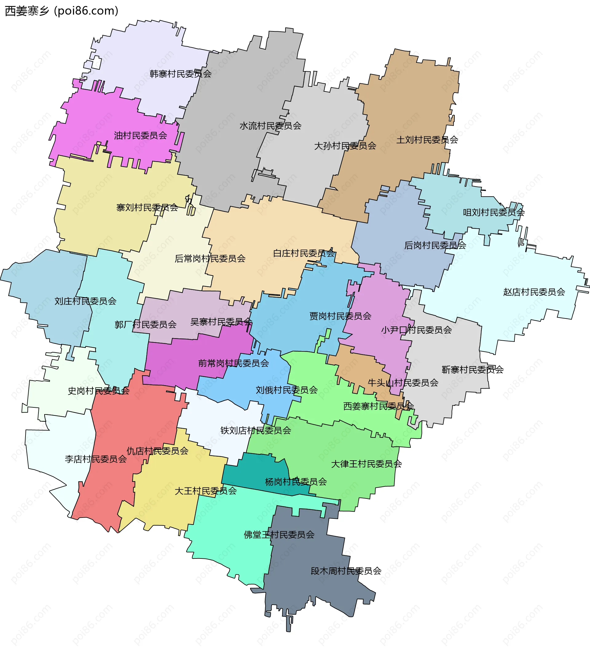 西姜寨乡边界地图(五级行政区划)