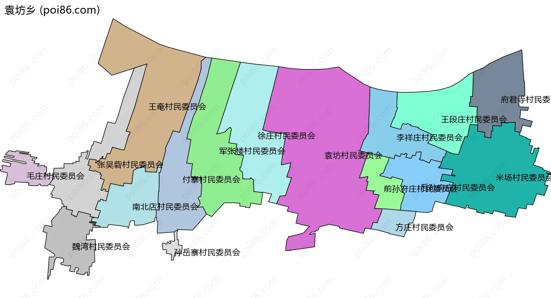 袁坊乡边界地图(五级行政区划)