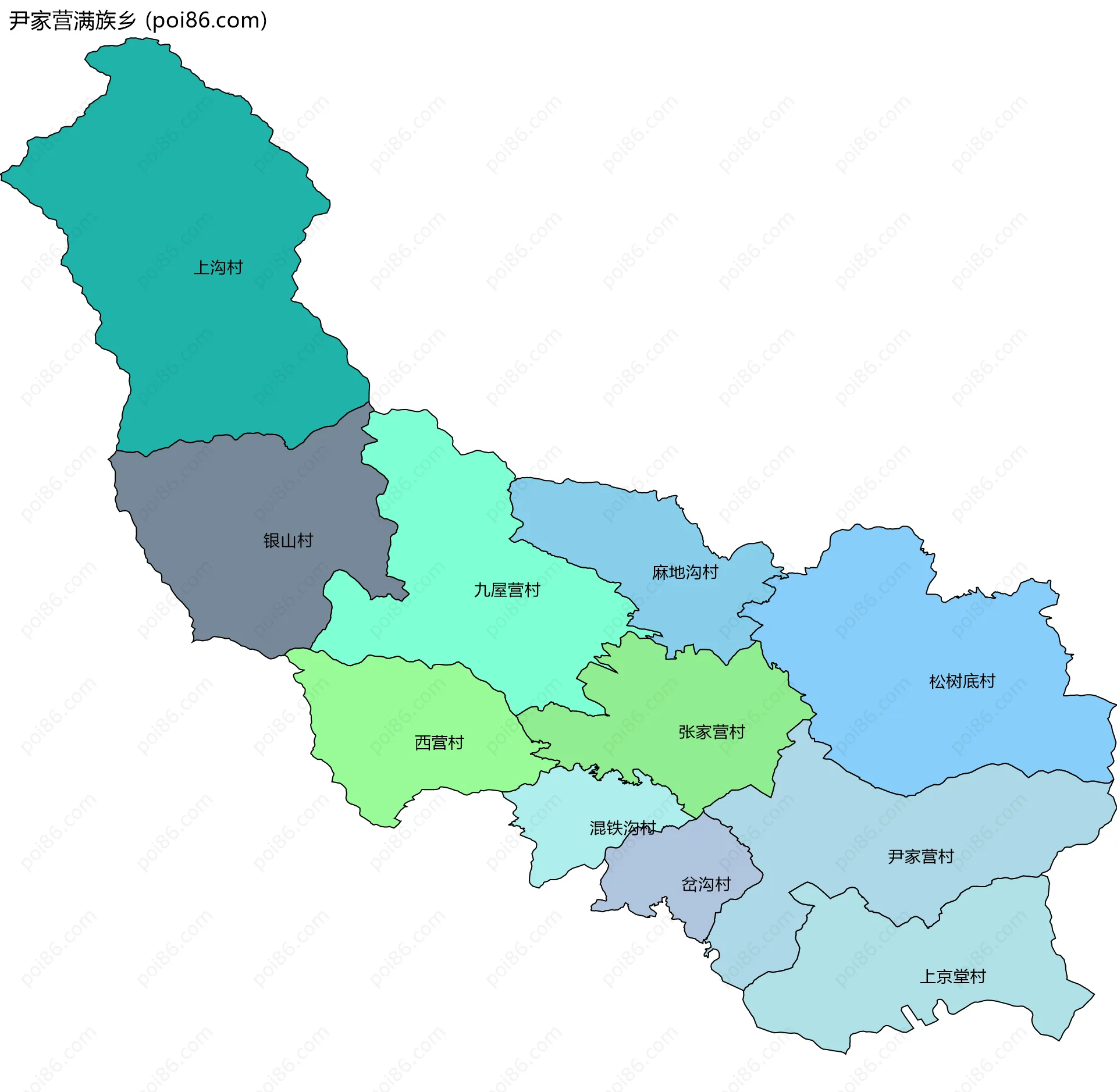 尹家营满族乡边界地图(五级行政区划)