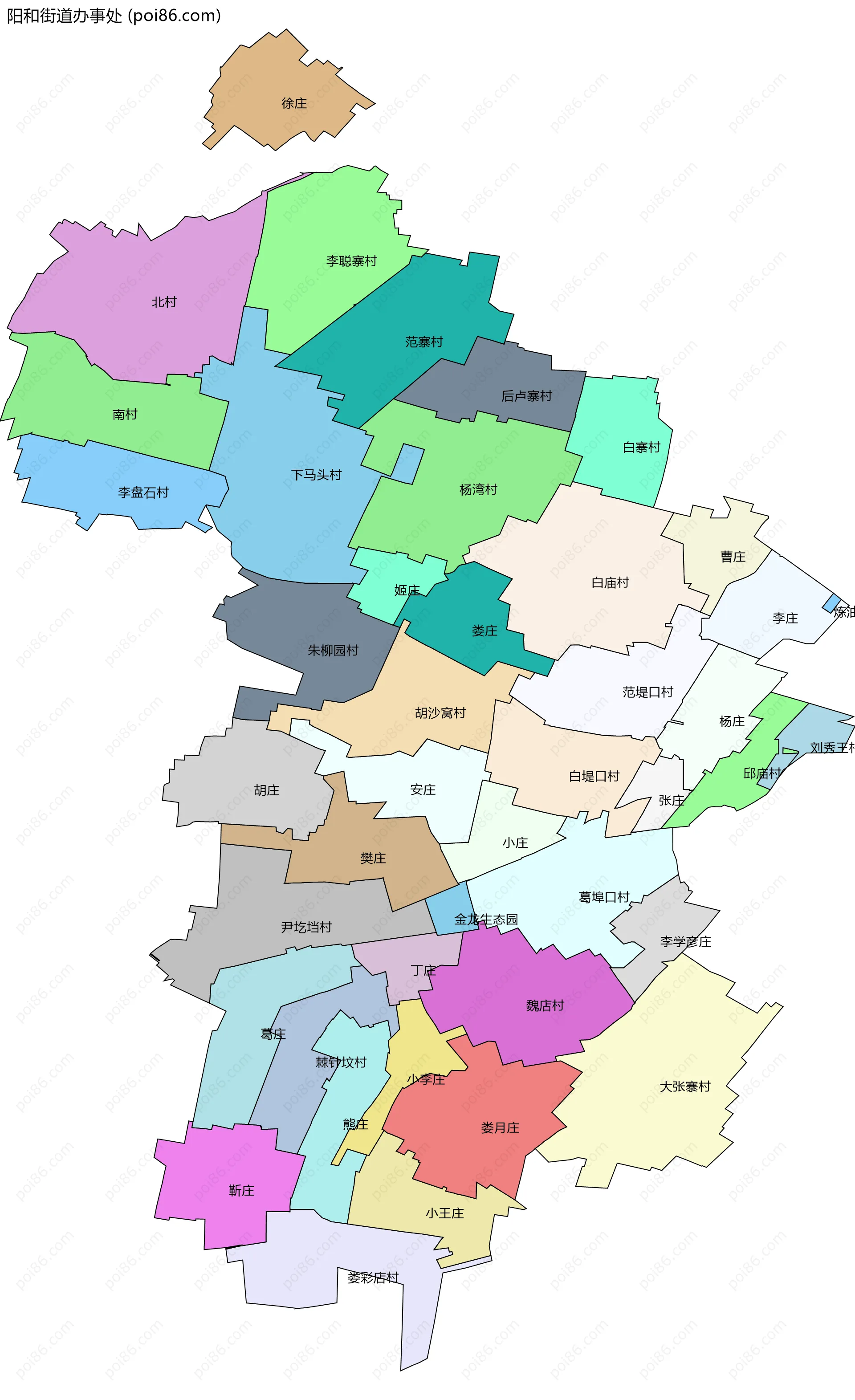 阳和街道办事处边界地图(五级行政区划)