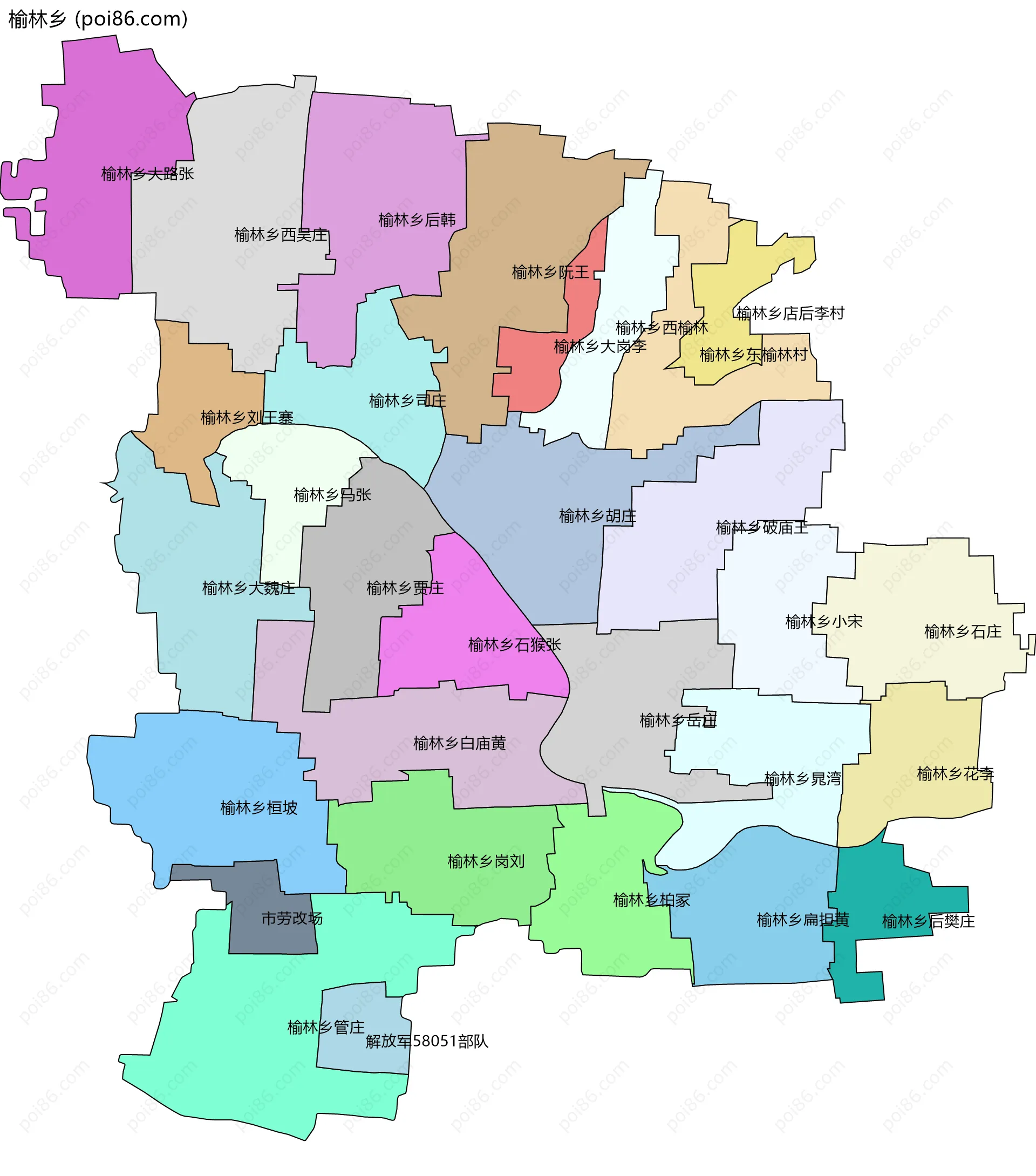 榆林乡边界地图(五级行政区划)