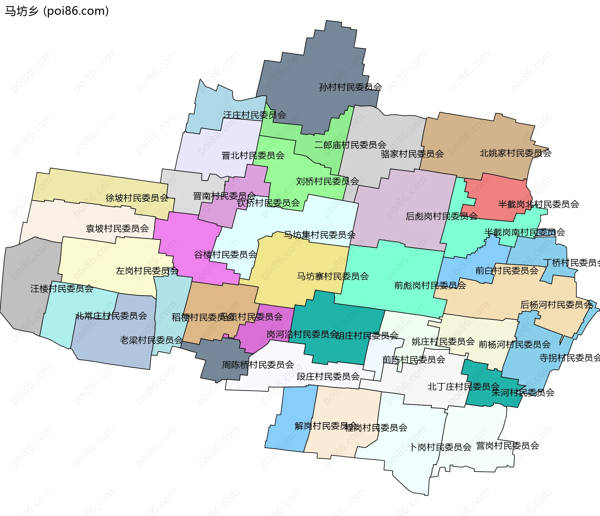 马坊乡边界地图(五级行政区划)