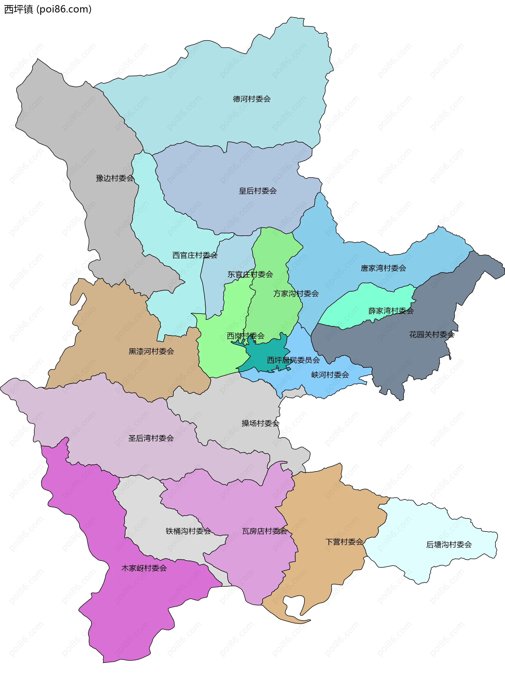 西坪镇边界地图(五级行政区划)