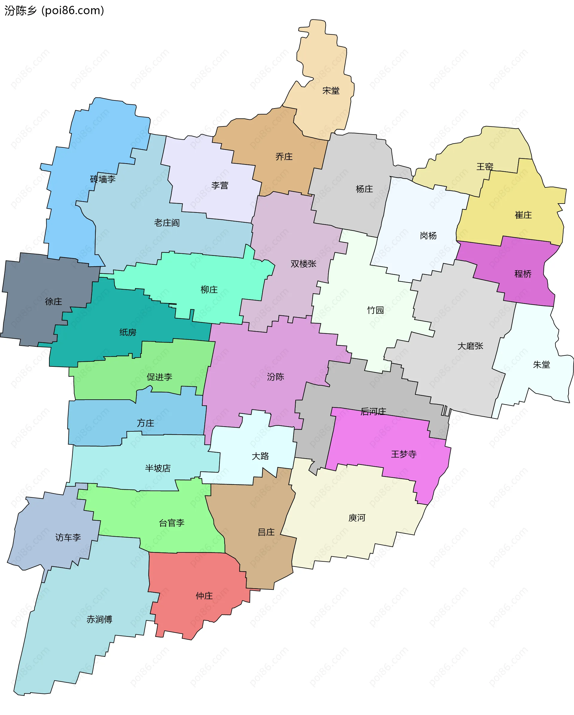 汾陈乡边界地图(五级行政区划)