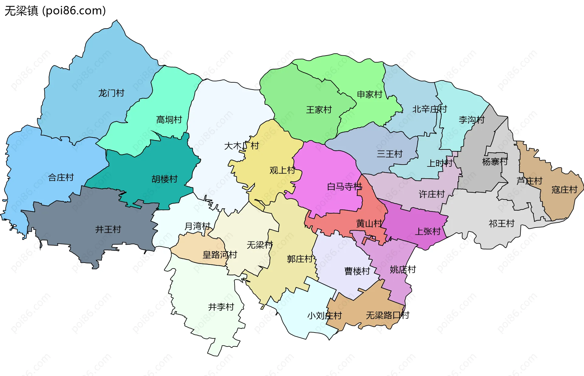 无梁镇边界地图(五级行政区划)