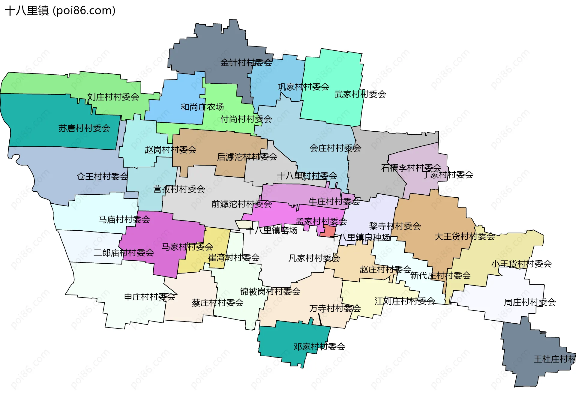 十八里镇边界地图(五级行政区划)