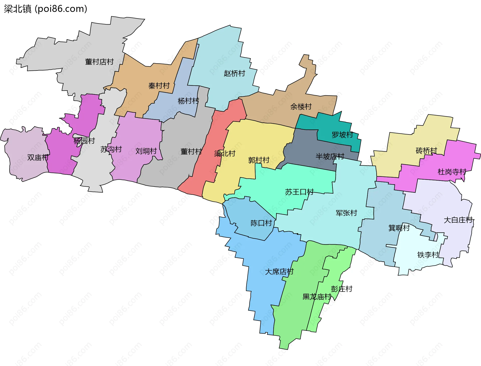 梁北镇边界地图(五级行政区划)