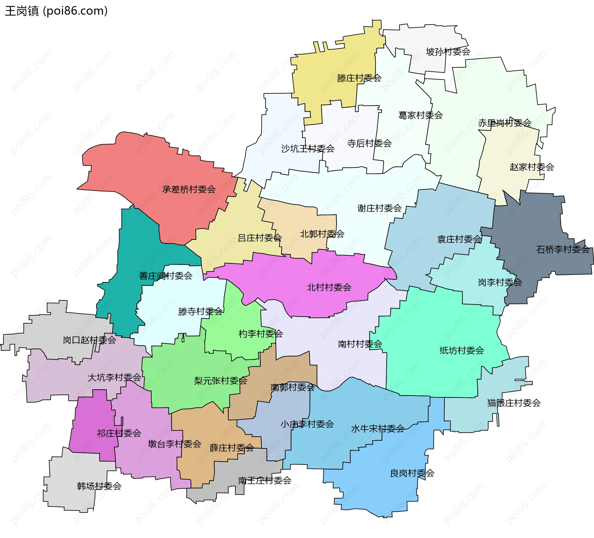 王岗镇边界地图(五级行政区划)