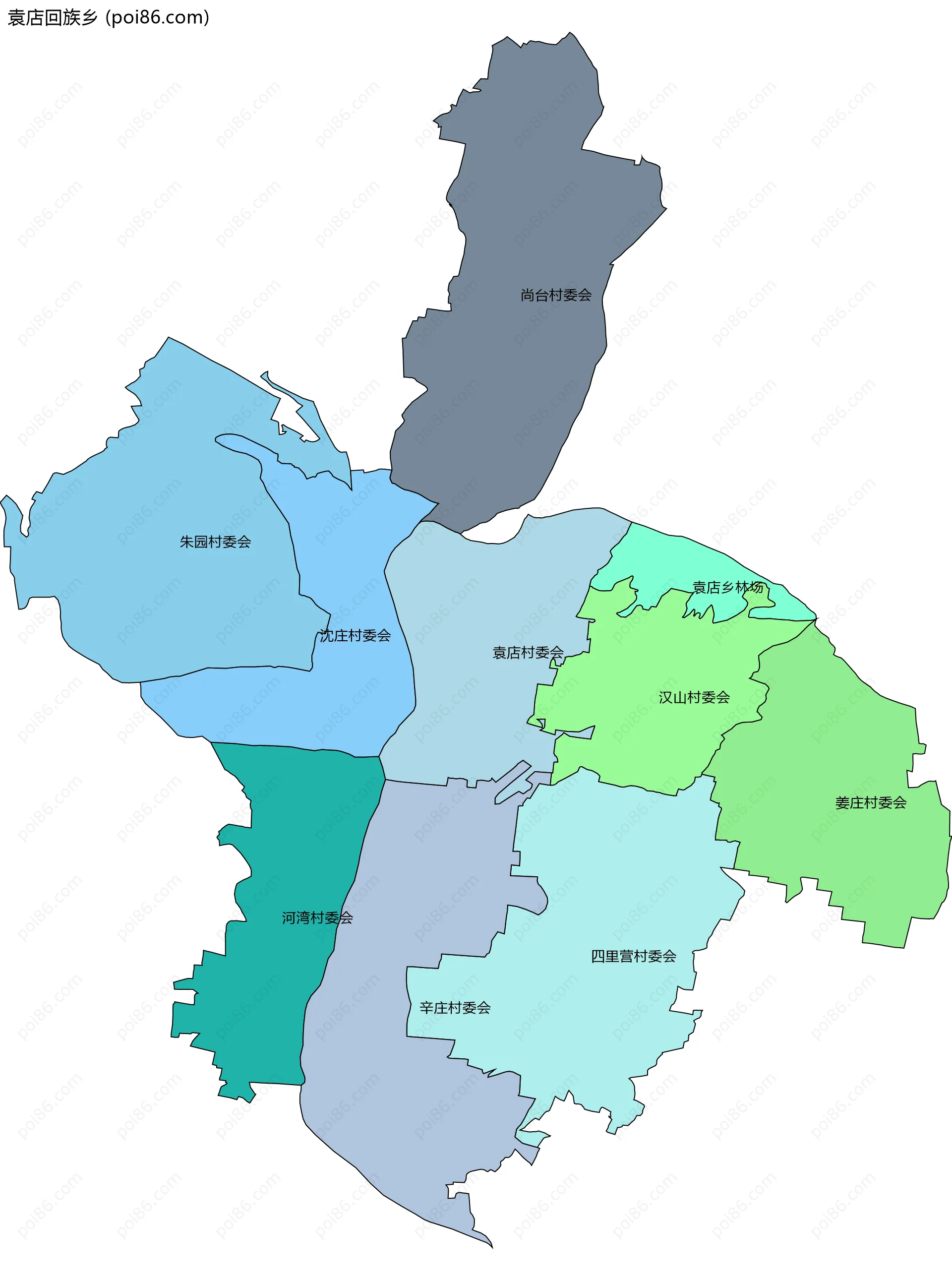 袁店回族乡边界地图(五级行政区划)