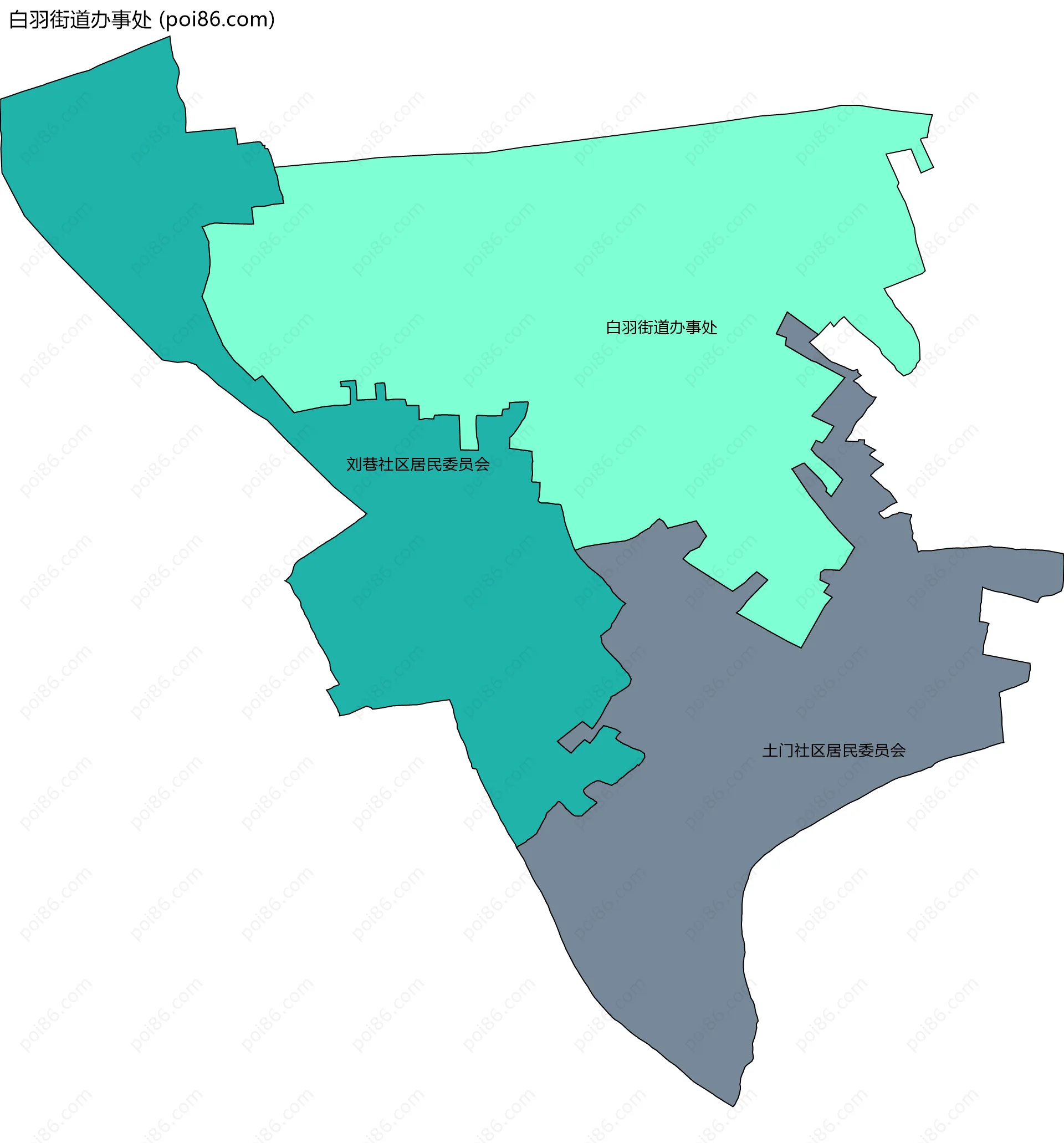 白羽街道办事处边界地图(五级行政区划)