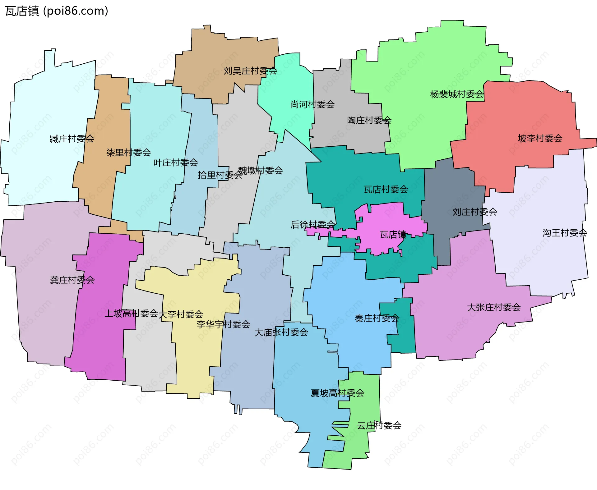 瓦店镇边界地图(五级行政区划)