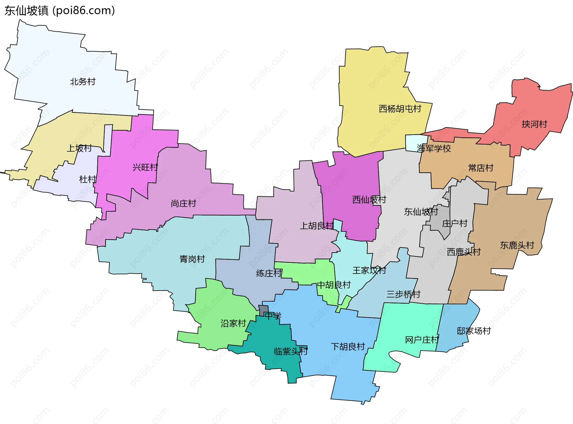 东仙坡镇边界地图(五级行政区划)