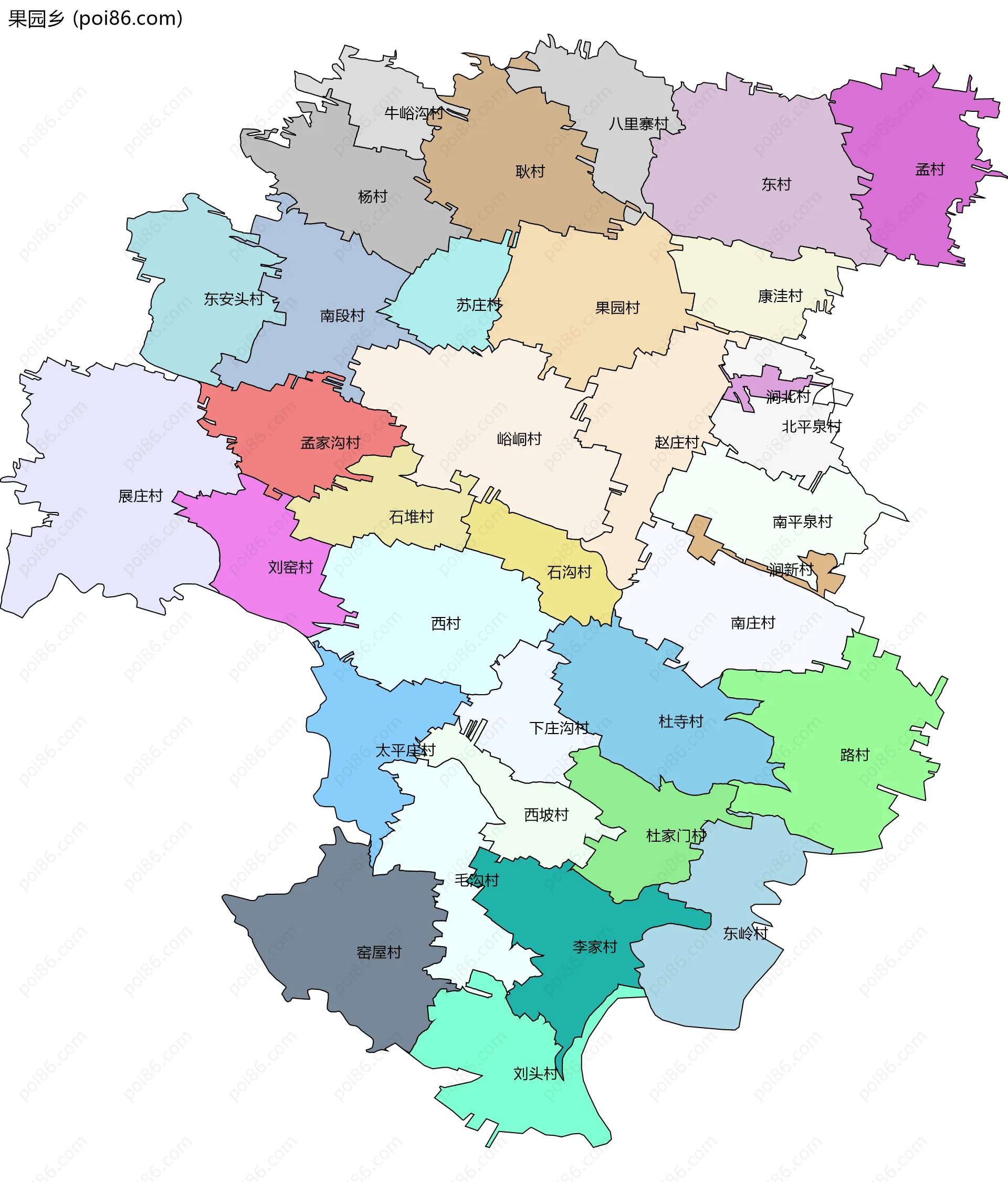 果园乡边界地图(五级行政区划)