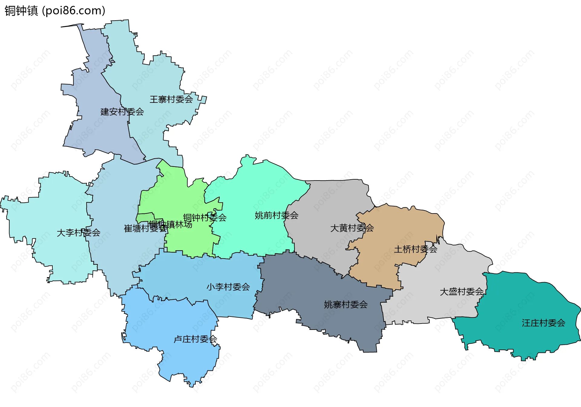 铜钟镇边界地图(五级行政区划)