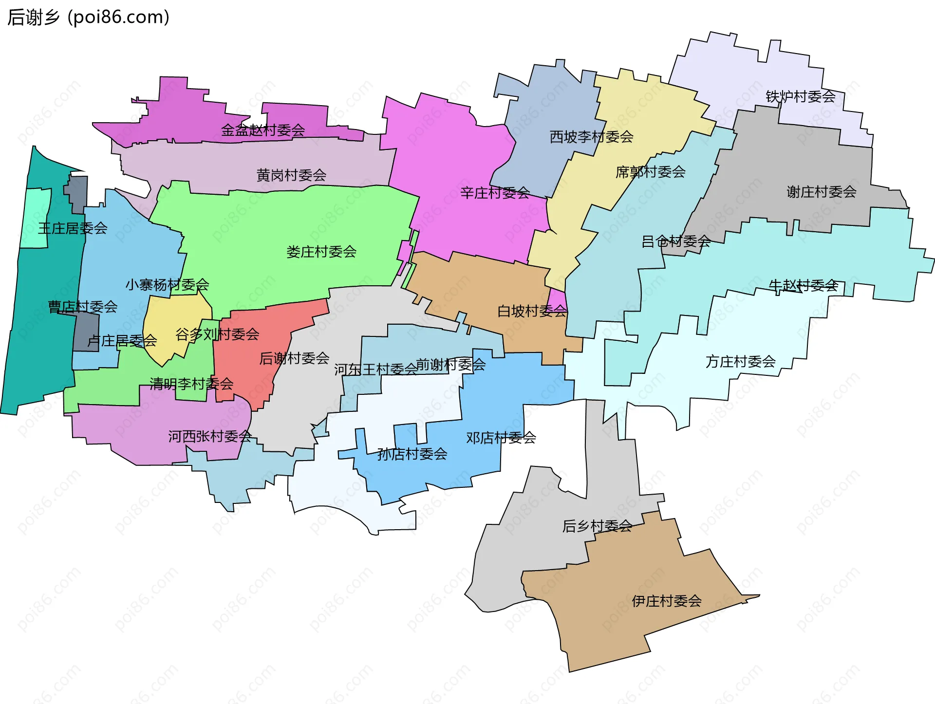 后谢乡边界地图(五级行政区划)