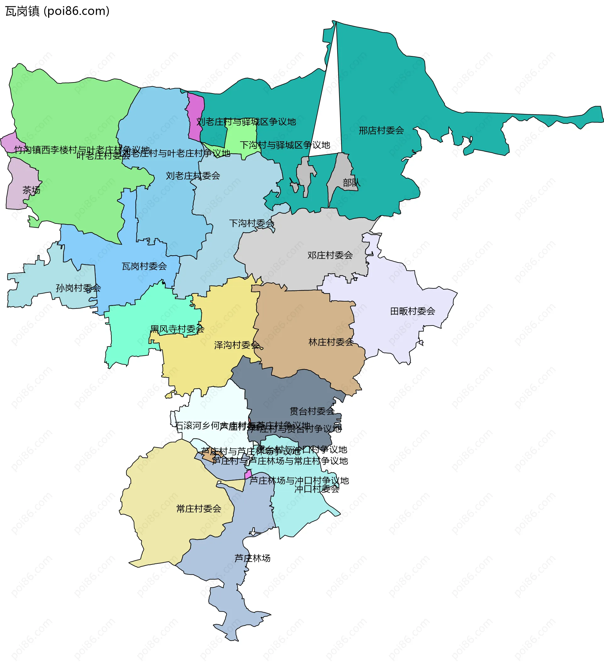 瓦岗镇边界地图(五级行政区划)