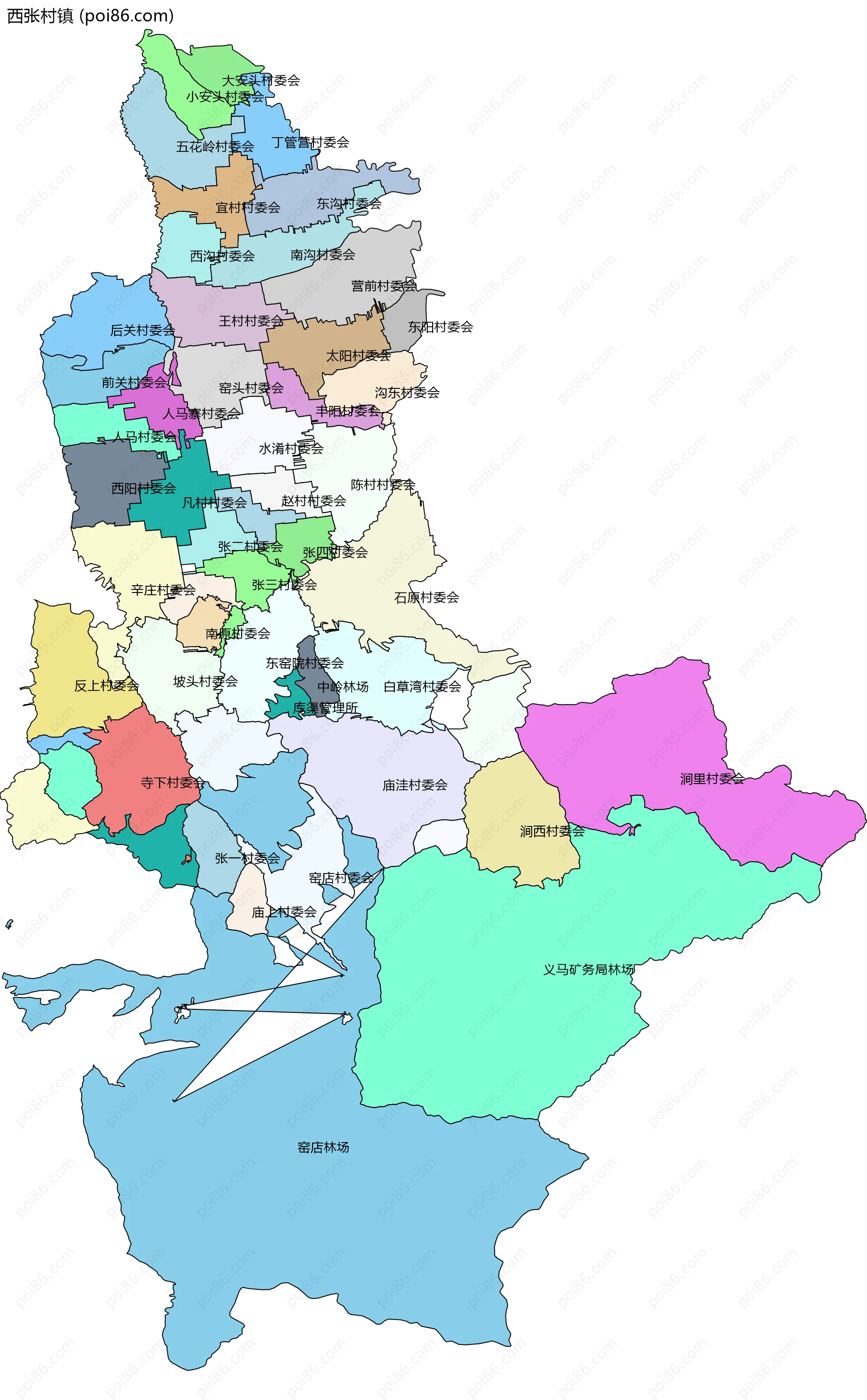 西张村镇边界地图(五级行政区划)