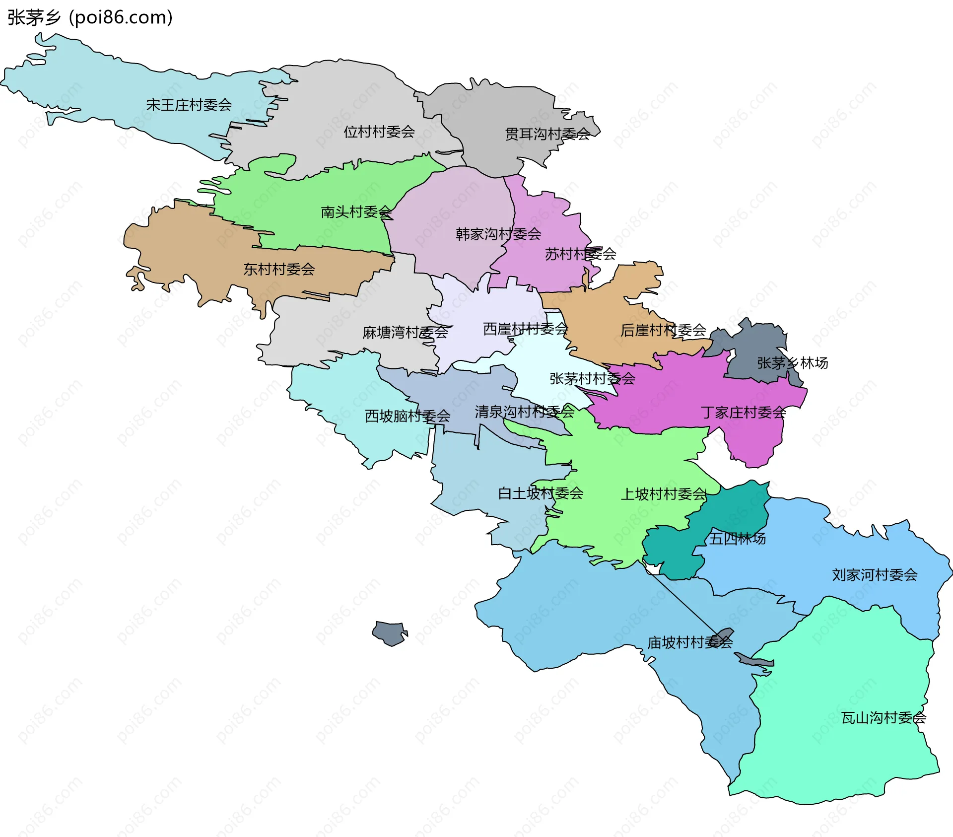 张茅乡边界地图(五级行政区划)