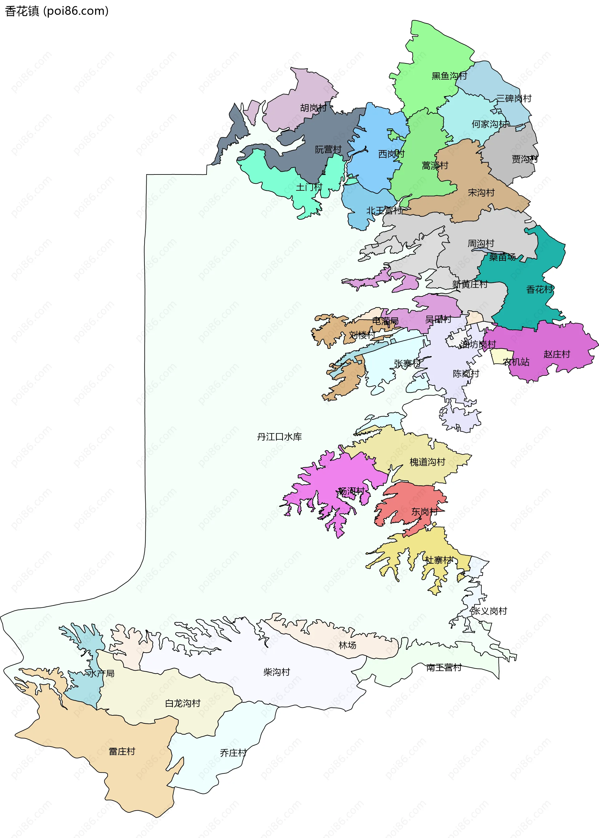 香花镇边界地图(五级行政区划)