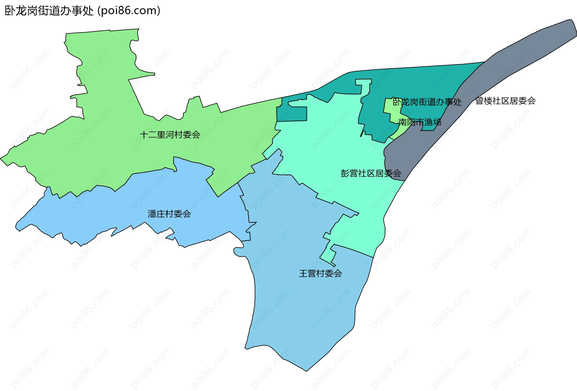 卧龙岗街道办事处边界地图(五级行政区划)