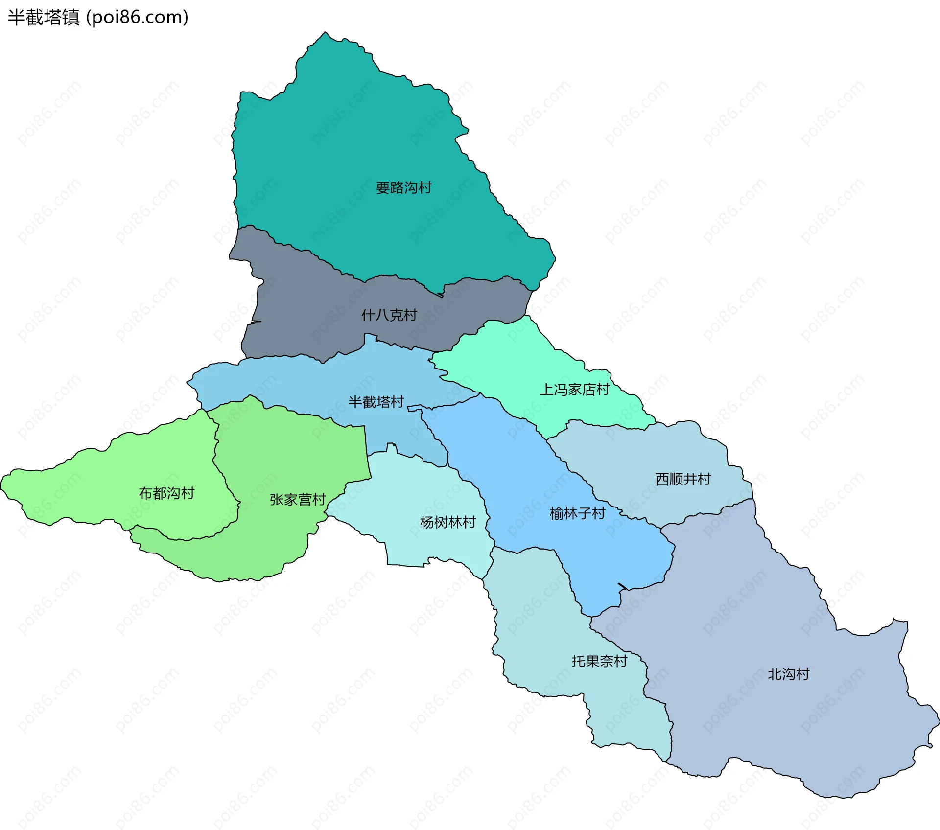 半截塔镇边界地图(五级行政区划)