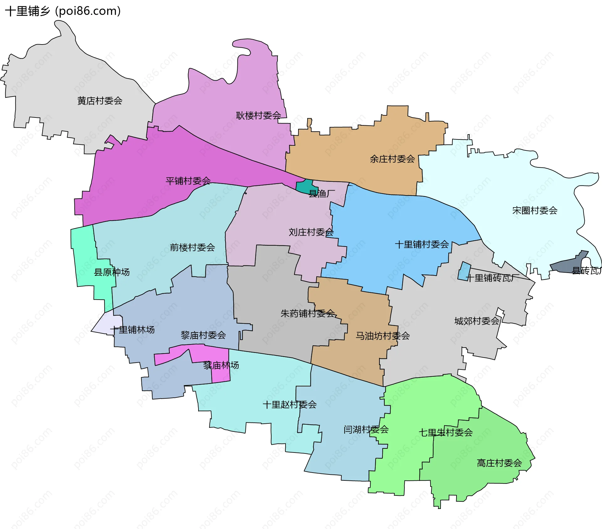 十里铺乡边界地图(五级行政区划)